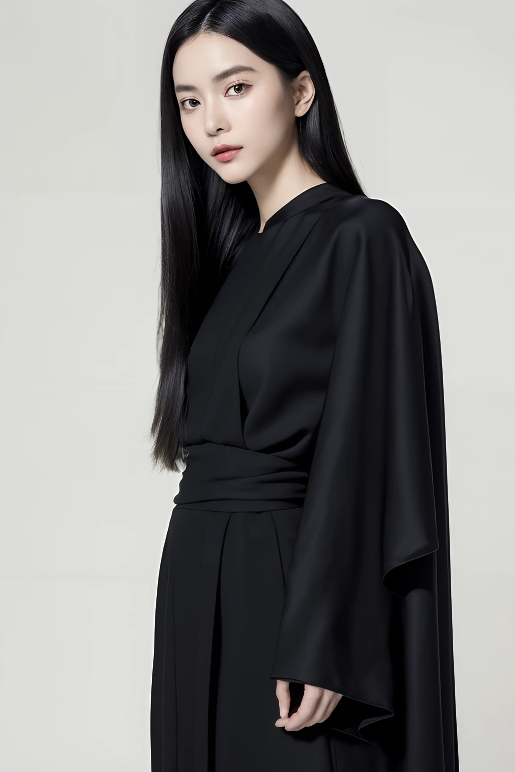 (Detailed Full Body RAW Pictures of Women: 1.5), ((masutepiece, of the highest quality, High Definition)), 1 girl, (Photorealistic: 1.4), Solo, Pure white background, Avant-garde makeup, (Geometric longhair, Black hair color: 1.4),(Modest fashion, Vogue style, Yohji Yamamoto,: 1.2)