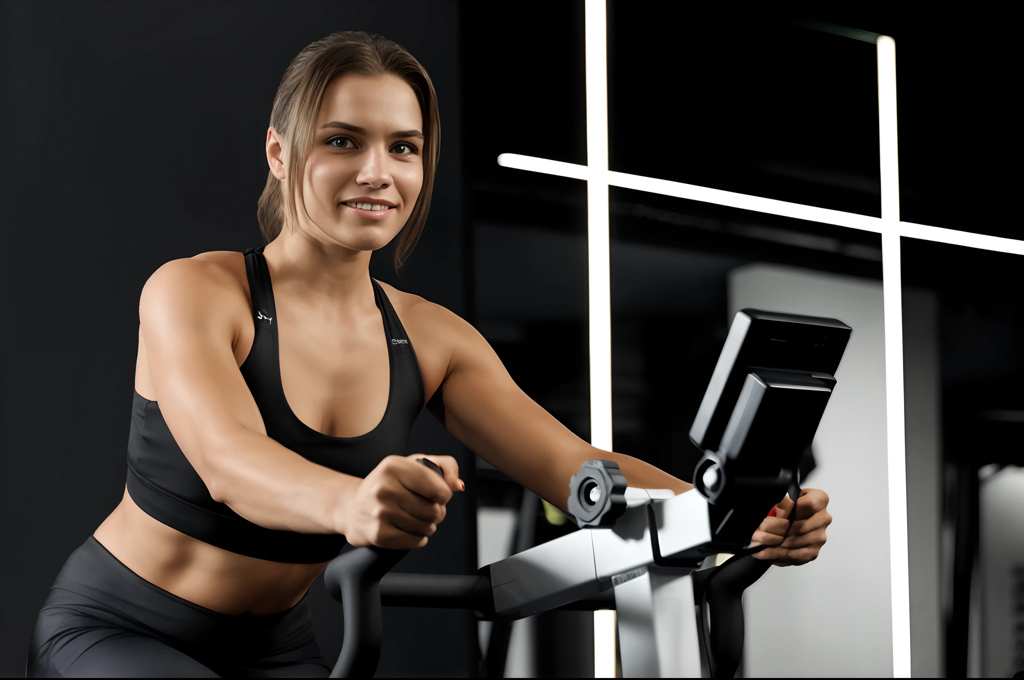 Woman riding a stationary bike in gym, workout, in the gym, comfortable, fit woman, Alexandra Valishevska, fit girl, high intensity, fit physique, is playing happily, magdalena radziej, workout, Close portrait, portrait shooting, fit body, having fun, Very sweaty, full of sweat