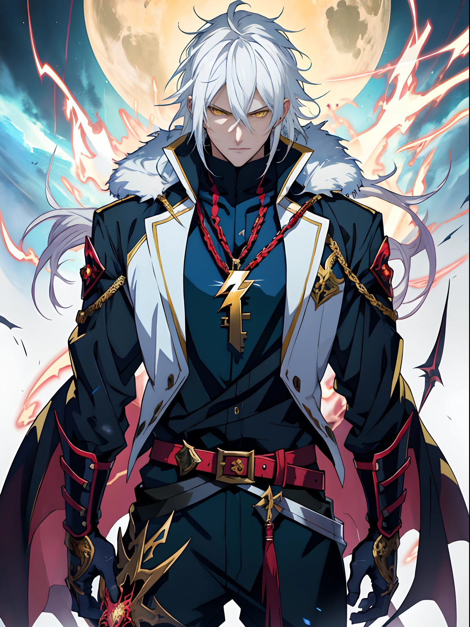 Anime character with white hair, yellow eyes and sword standing in front of lightning， Detailed key anime art, white-haired god, Key anime art, detailed anime character art, shadowverse style, handsome guy in demon killer art, full art, rimight, high detailed official artwork, Detailed digital anime art, casimir art, offcial art, detailed anime art, the former demon king