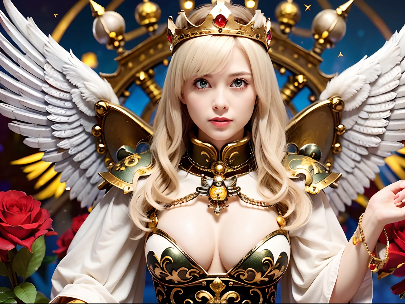 (masutepiece), Professional , masterpiece、top-quality、photos realistic , depth of fields (Gemstone Silver Metal Body:1.9),(Matte White、Jewel Gold Weapon、(Flying in the sky),Gorgeous metal weapons,(Detailed and realistic angel white wings) , Detailed Sword of the Brave , Beautiful knife 、delicated face、20 years girl ,warhammer 40k , adepta sororitas,Detail and ornate jewel crown、a blond、(Gangle's forest background)、Beautiful Caucasian beauty、1a person、dynamic ungle,(((Detailed and ornate diamond crown)))、Smaller head、A smile、Powerful poses、(Gorgeous castle background)、Beautiful thin fingers of a woman、cleavage of the breast、beautiful fairies、