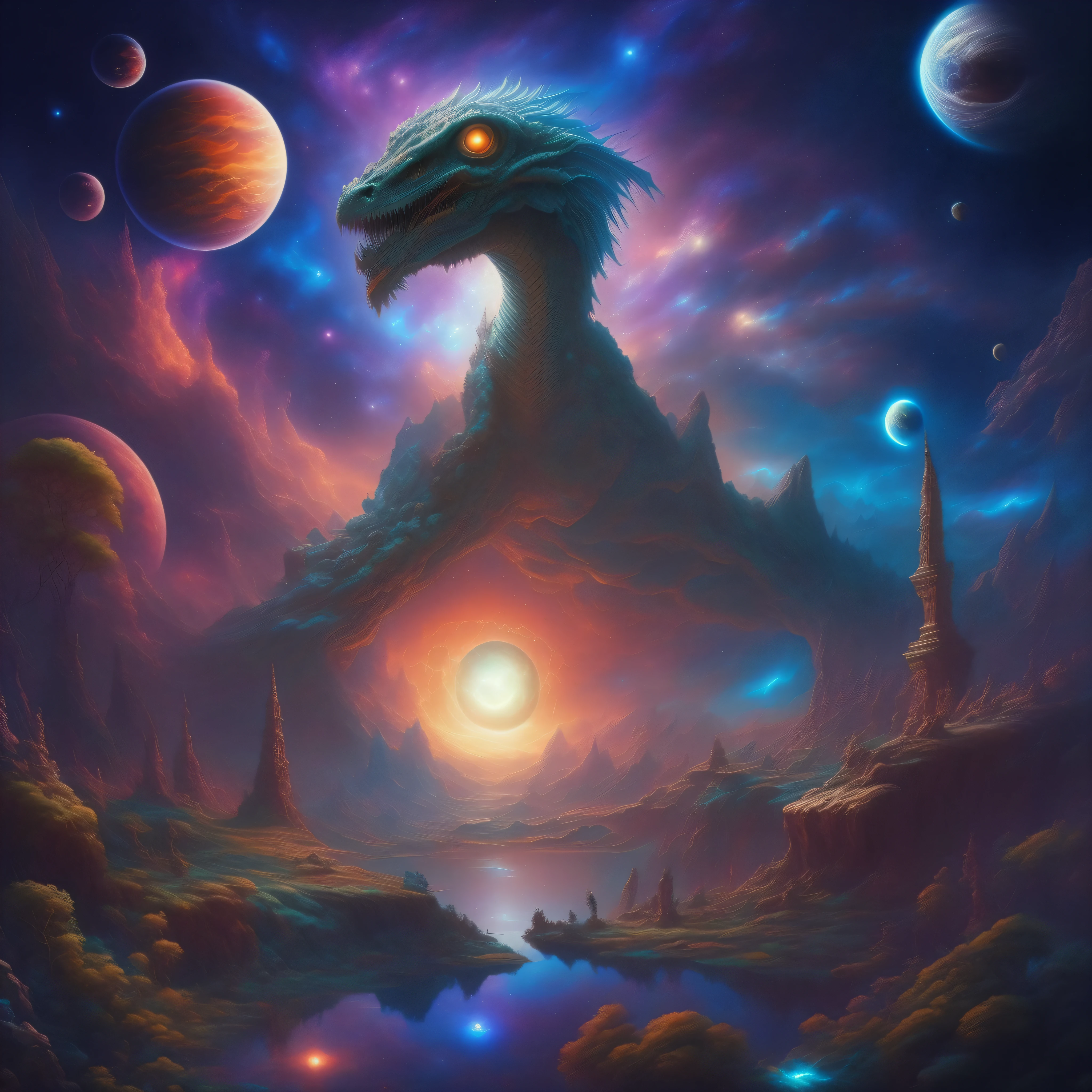 a painting of a dragon with a glowing eye in a space landscape, epic surrealism 8k oil painting, 8 0's style tomasz alen kopera, greg beeple, inspired by tomasz alen kopera, extraterrestrial paradise, cosmic horror creature, fractal thunder dan mumford, science fantasy painting, amazing space creature 4 k