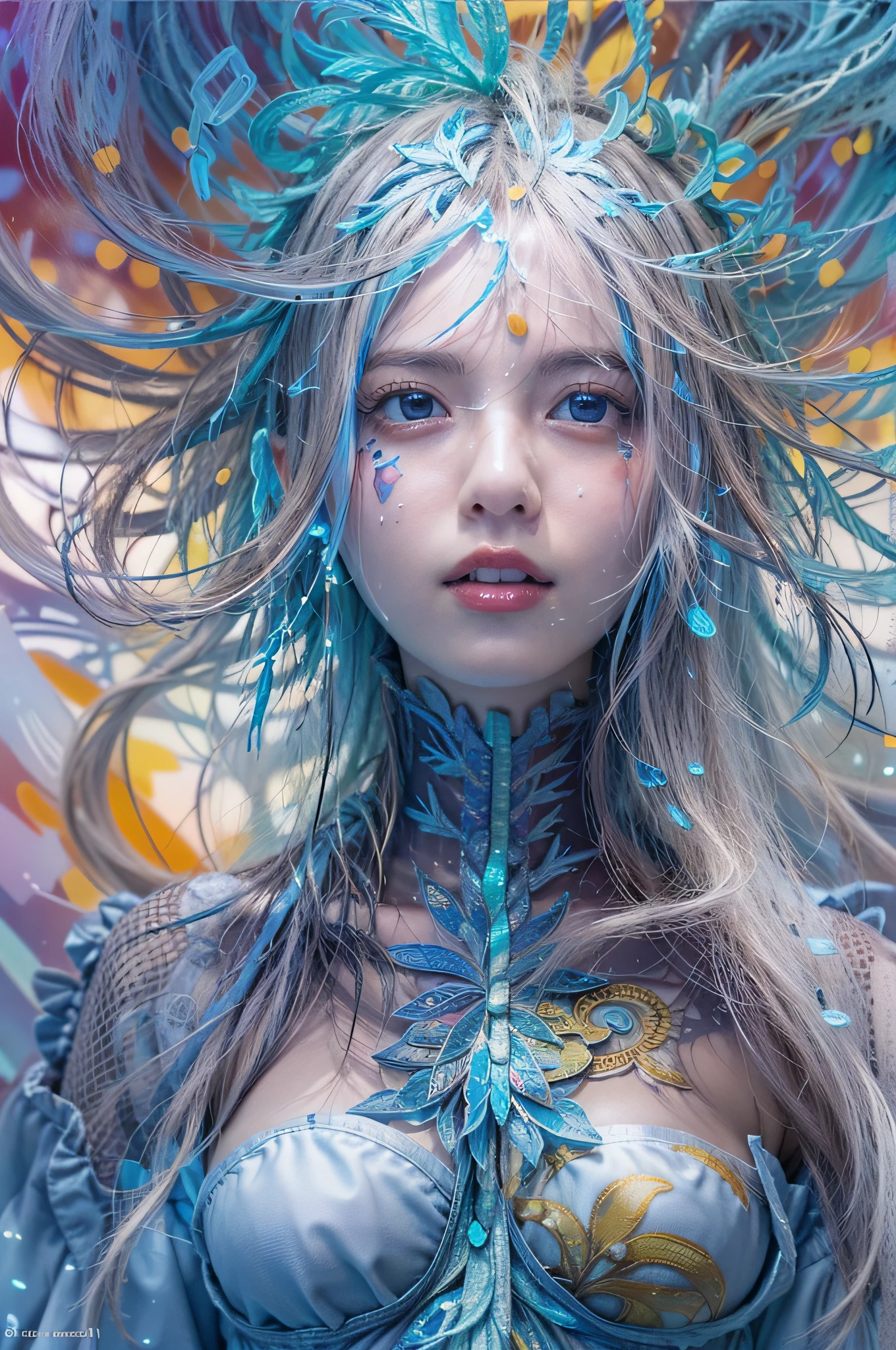 HDR10, absorbers, Full body, Fractal Art, (Soft light, sharp:1.2),beautiful girl and her sister, Ultra-detailed blue eyes, entirely paint, Splat, Splash, long colored hair, ultra detailed texture, water dripping, Vivid colors, , (masterpiece, of the highest quality, Official art, Beautiful and aesthetic:1.2), (1girl in:1.2), Cute, highly detailed, (Abstract:1.4, Fractal Art:1.3), (Silver_hair:1.1), Blue eyes, Fate \(Series\), Colorful, highest details, (Splash_Art Book:1.2), Best Photo Shots, Realistic, Full body, (hyperdetails:1.15), From below, conceptual art, Glowing light, 16 K, Textured skin, Anatomically correct, 8K,class room,naked