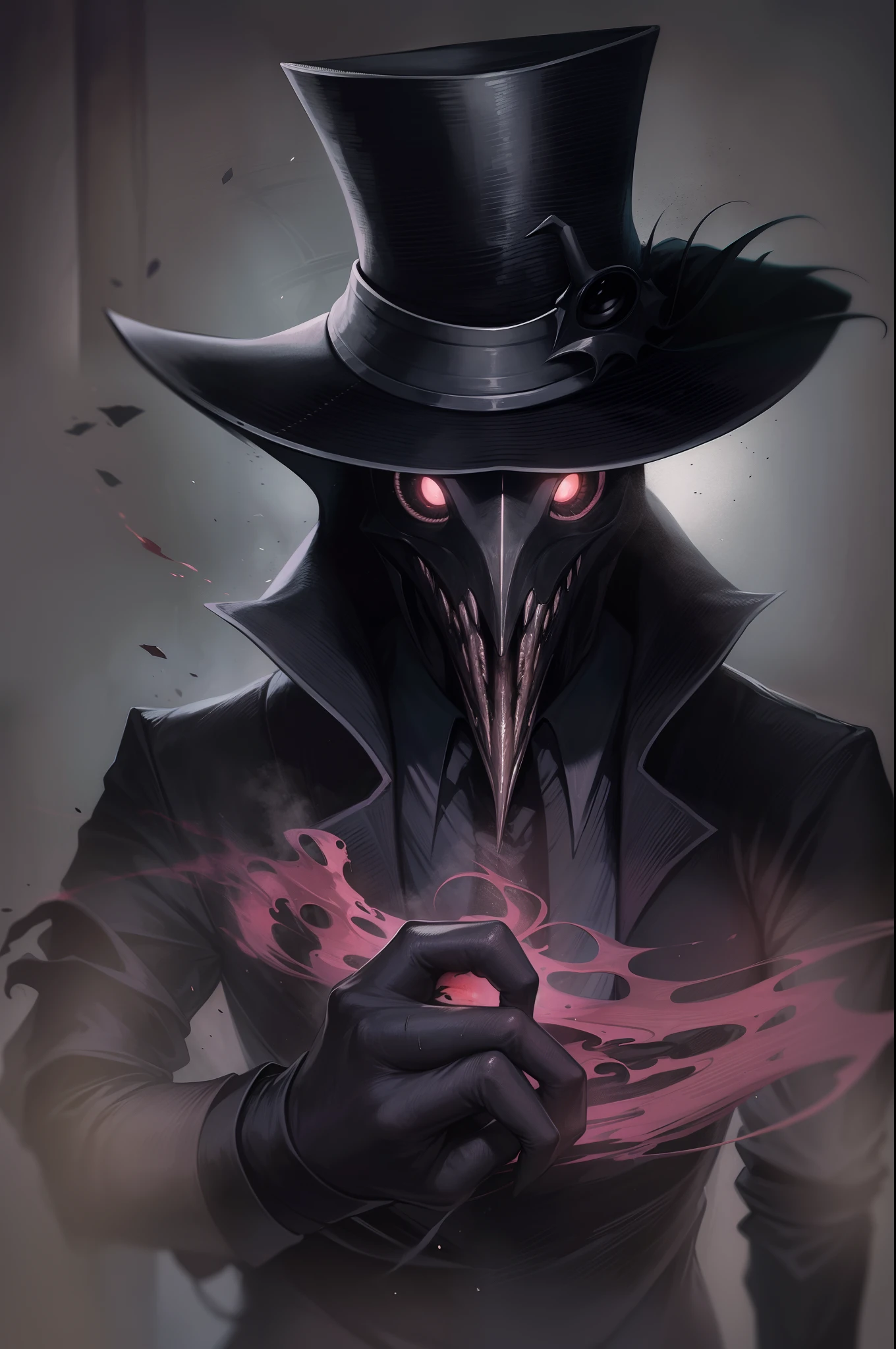 abyssal eldritch monster seeping out of a broken plague doctor mask being worn by a man in a black suit, endless void in background