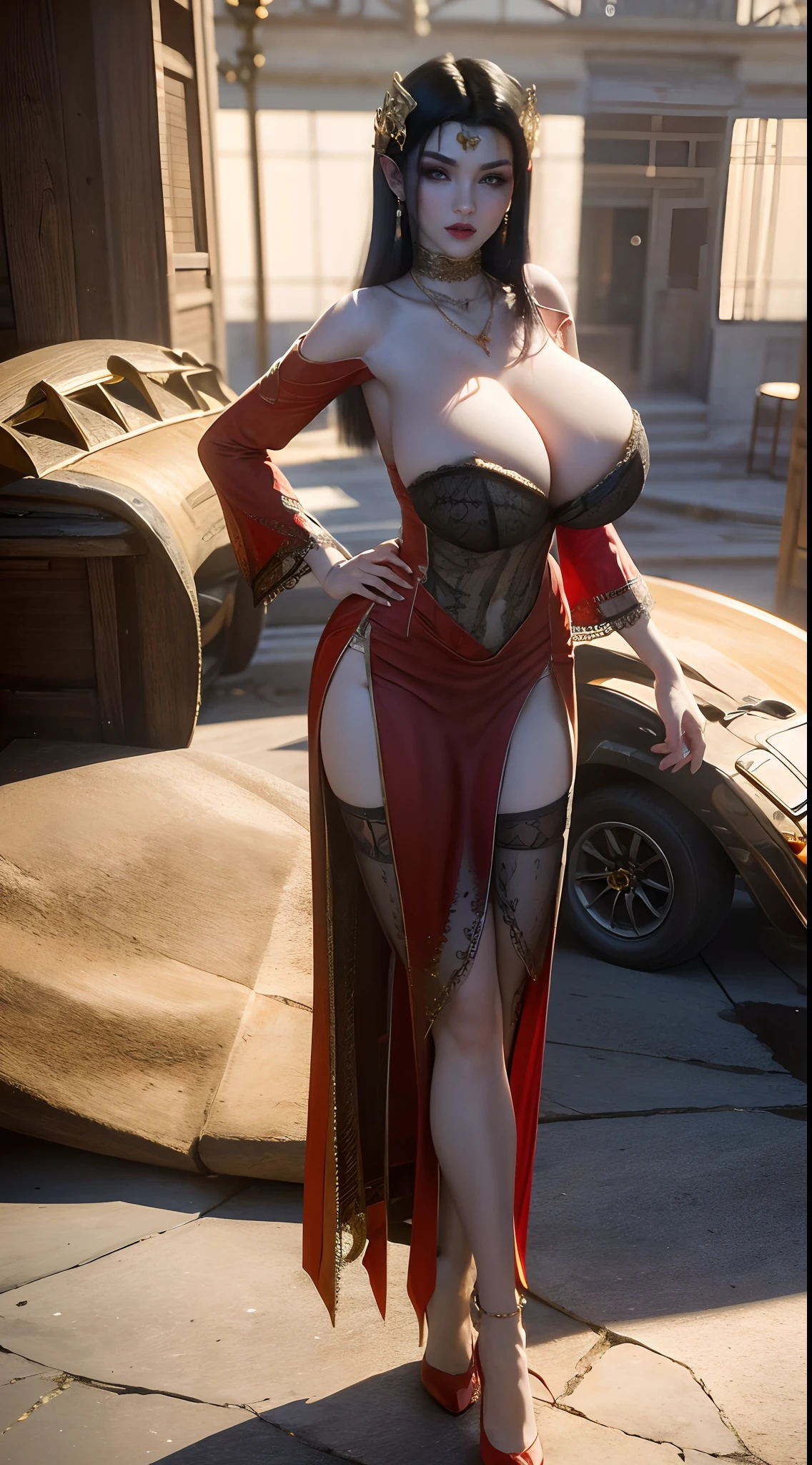 ultra realistic 8k cg, flawless, clean, masterpiece, professional artwork, famous artwork, cinematic lighting, cinematic bloom, perfect face, beautiful face, fantasy, dreamlike, unreal engine 5, science fiction, lace, lace trim, lace-trimmed legwear, luxury, jewelry, diamond, gold, pearl, gem, sapphire, ruby, emerald, intricate detail, delicate pattern, charming, alluring, seductive, , enchanting, hair ornament, necklace, earrings, bracelet, armlet, autumn.
((,1girl, pov,best quality,)) ,((((,1girl, solo, huge fake breastred dress, stocking, full body, looking at viewer, standing))))