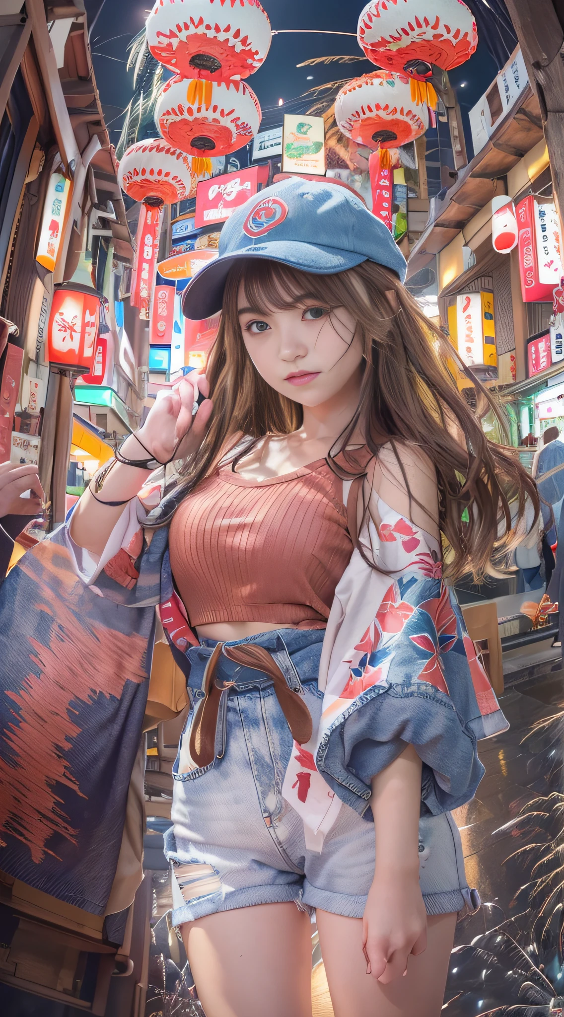 top-quality、masterpiece、超A high resolution、(Photorealsitic:1.4)、Raw photo、Detailed CG image quality、cyberpunked、(Fireworks Festival:1.4)、Beautiful fece、1girl in、japanes、25-years old、(blue eyess:1.2)、pink lipsticks、laugh face、(Brown hair:1.4)、skin tanned、(Baseball Cap:1.4)、(Tank Tops:1.4)、(Denim Low Rise Shorts:1.2)、Large bust、cleavage of the breast、detailed portrait、8K picture quality、concept-art、Cinematic and dramatic atmosphere、(Shrine of Japan:1.2)、(Japan red and white lanterns:1.2)、Wind chimes、(Festival flag,)、Paper decoration、(3 + Women: 1.4)、foco nítido、Volumetric lighting、Cinematographic lighting、Colorful neon lighting、depth of fields、Ambient lighting、Blurred foreground、blurry backround:1.3、(8mm fisheye lens:1.4)、(Angle from directly below:1.4)、(The whole body is visible:1.4)、