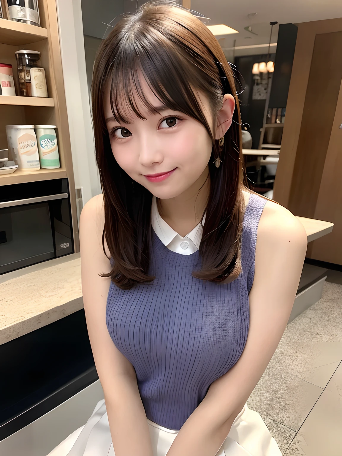 (8K、top-quality、​masterpiece:1.2)、(realisitic、Photorealsitic:1.37) Hi-Res、（a miniskirt:1.5）The ultra-detailliert、1 Girl Asian, cute little, cute  face, 独奏, Short hair 1.2, Textured skin, beautiful smiling face, Beautiful detailed sky, Detailed Cafe, natta, 电影灯光, depth of fields, Lens flare
light、sitting on、Dating、(blush nose)、(A smile:1.15)、(Mouth closed)large full breasts、beautiful finely detailed eyes、(sleeveless sweater:1.1)、natta、wet​、Business Wear、Sateen、Schoolgirl Uniform、(shorth hair:1.2)、Floating hair Nova frog style、