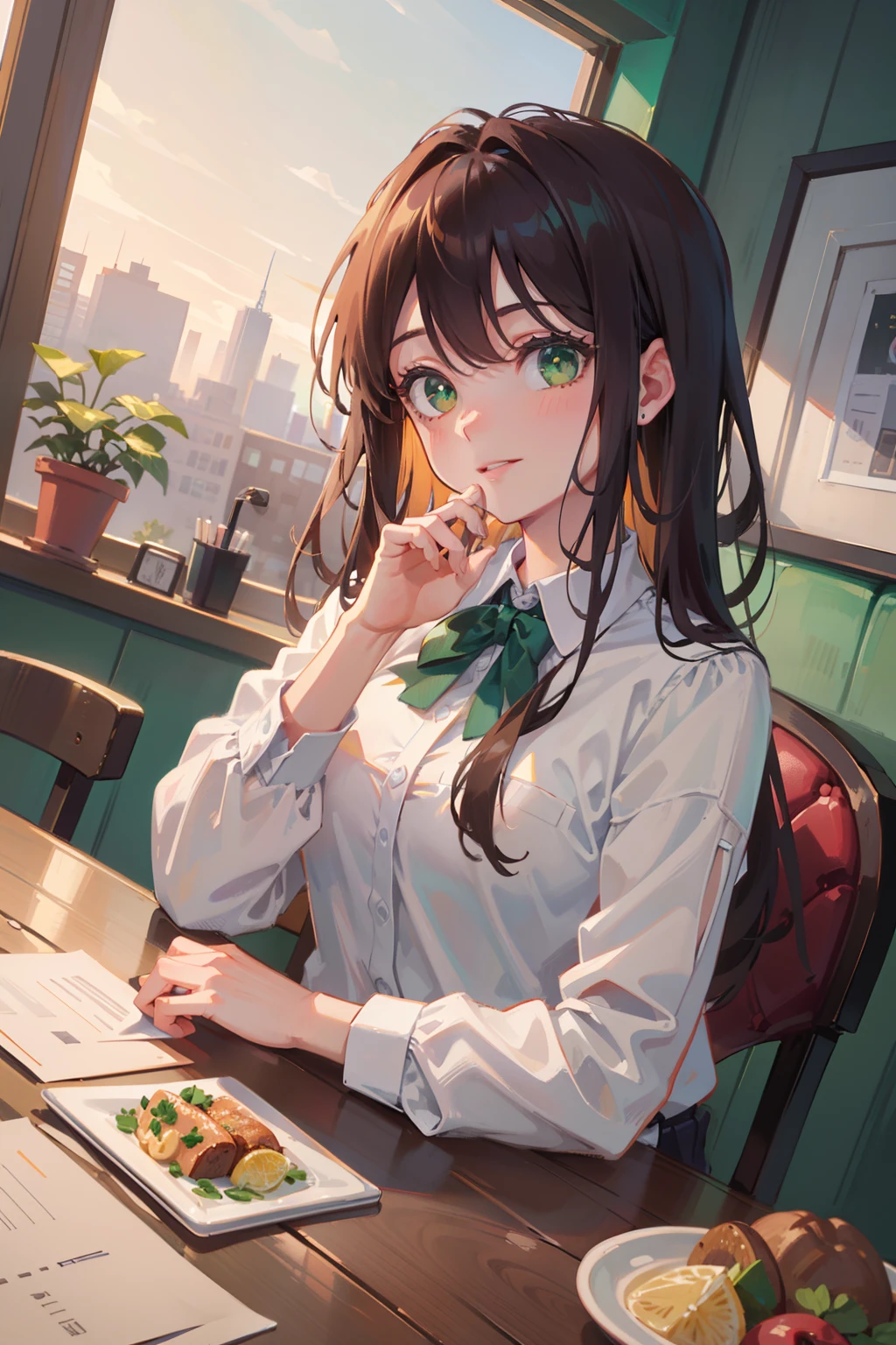 (masterpiece), best quality, beautiful detailed hair detailed face, ultra high res, sharp focus, ((1 woman, solo)), perfect feminine face, upper body, medium close-up, dutch angle, (at the afternoon time:1.5), in the diner, sitting on the stool, foods on the table, ((beautiful shape eyes, green eyes)), chesnut brown hair, flowing long hair, smiles, (office uniform:1.2)