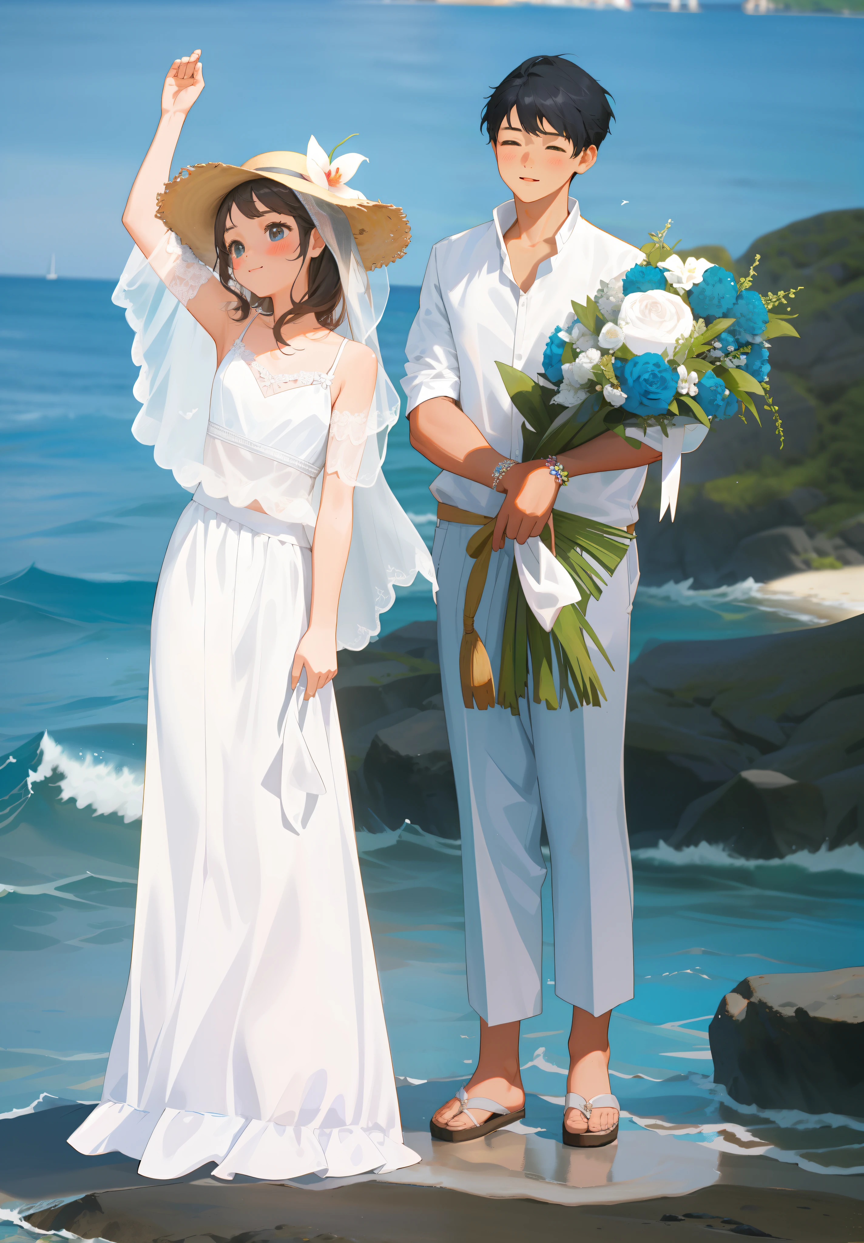 cute female child,Beautiful girl,Hands up,With a straw hat,A handsome boy holding a flower,They stand on a stone by the sea and take wedding photos,beachside,wedding photo,Blue waters,Blue sky,