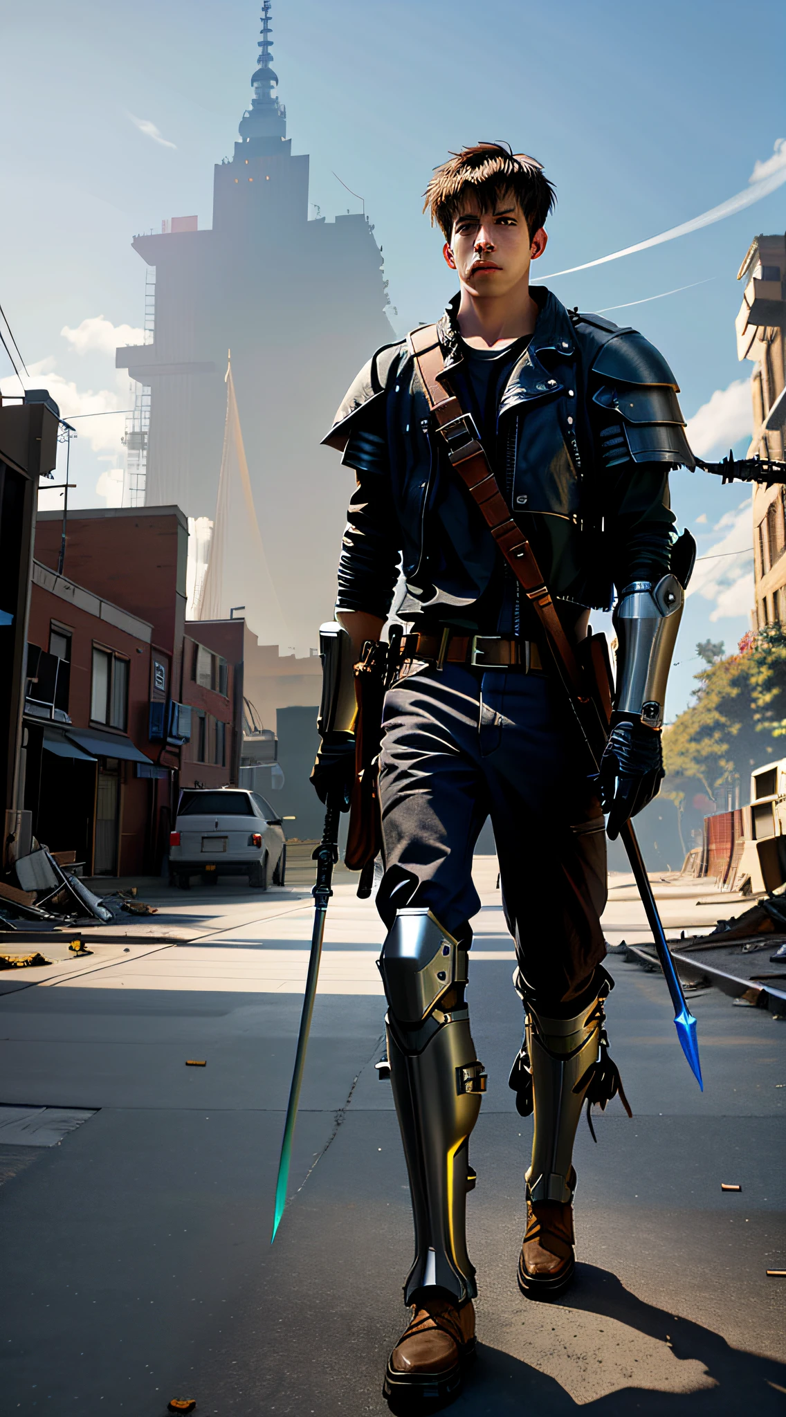 A male mech warrior,Blade in hand from the streets of New York, USA,Walk head-on,Behind is a ruin,early evening,Colorful light and shadow,There is an airship in the sky,8K ultra-realistic images