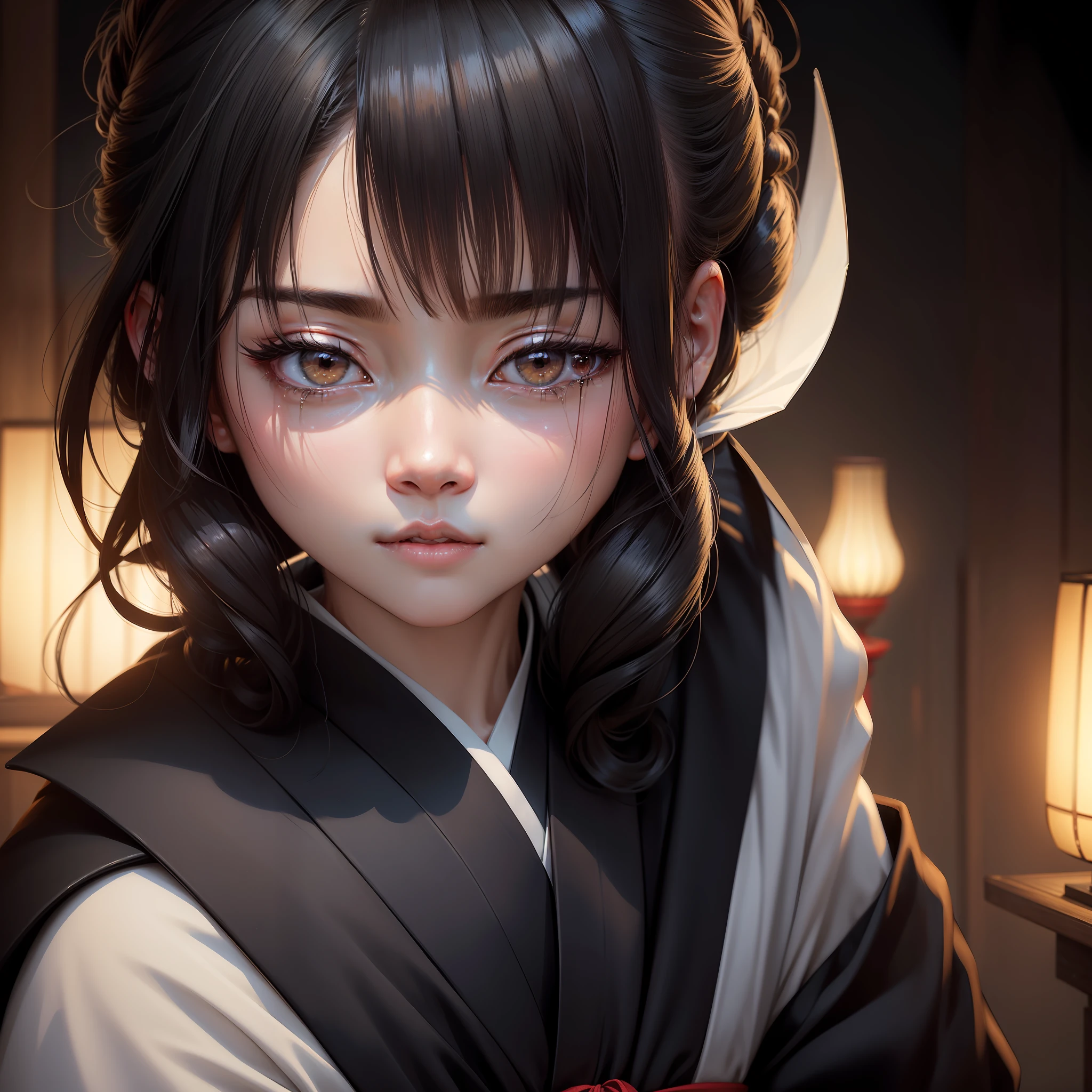 Top image quality、masterpiece、A Japanese Lady、Mourning、kimono、crying how bright、A dark-haired、Upstyle Hair、full bodyesbian、Face looking straight ahead with back turned、Dark riding、Emerges、thin neck、8k