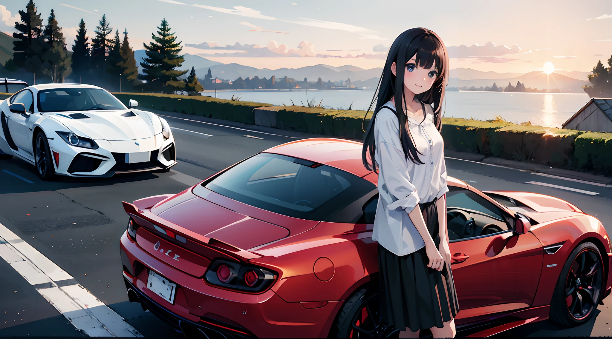 Anime girl standing next to red sports car on the road, anime style 4 k, miura kentaro style, 4k anime wallpaper, Smooth Anime CG Art, Anime style. 8K, ultra hd anime wallpaper, realistic anime art style, anime wallpaper 4k, anime wallpaper 4 k, clean detailed anime art, Anime visuals of cute girls