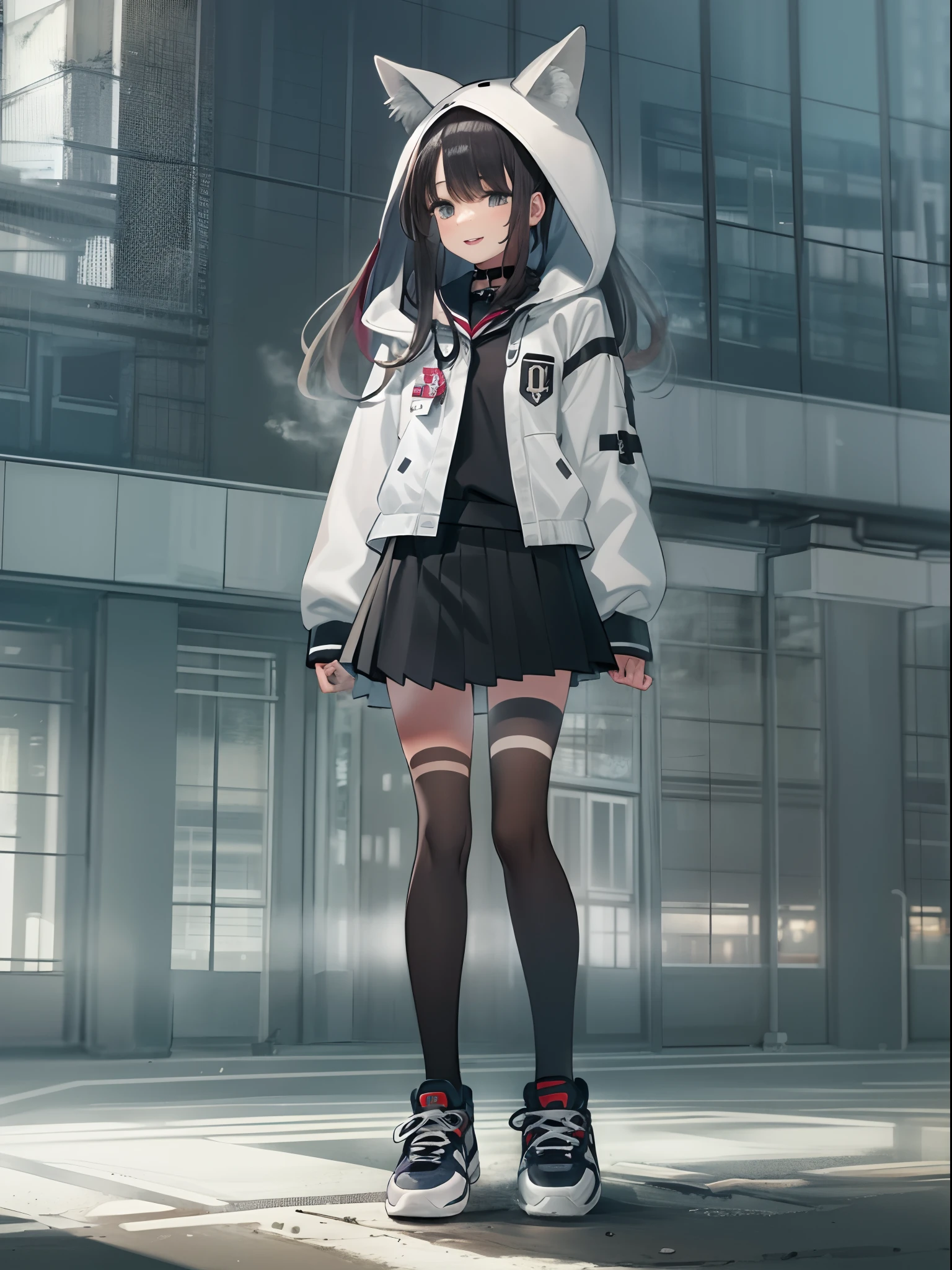 A girl, black jacket, black stockings, hands in pockets, staring at another person, long silver hair, cyberpunk, 8k resolution, very detailed, anatomically correct, digital painting, concept art, Shinkai Makoto style, clear picture,