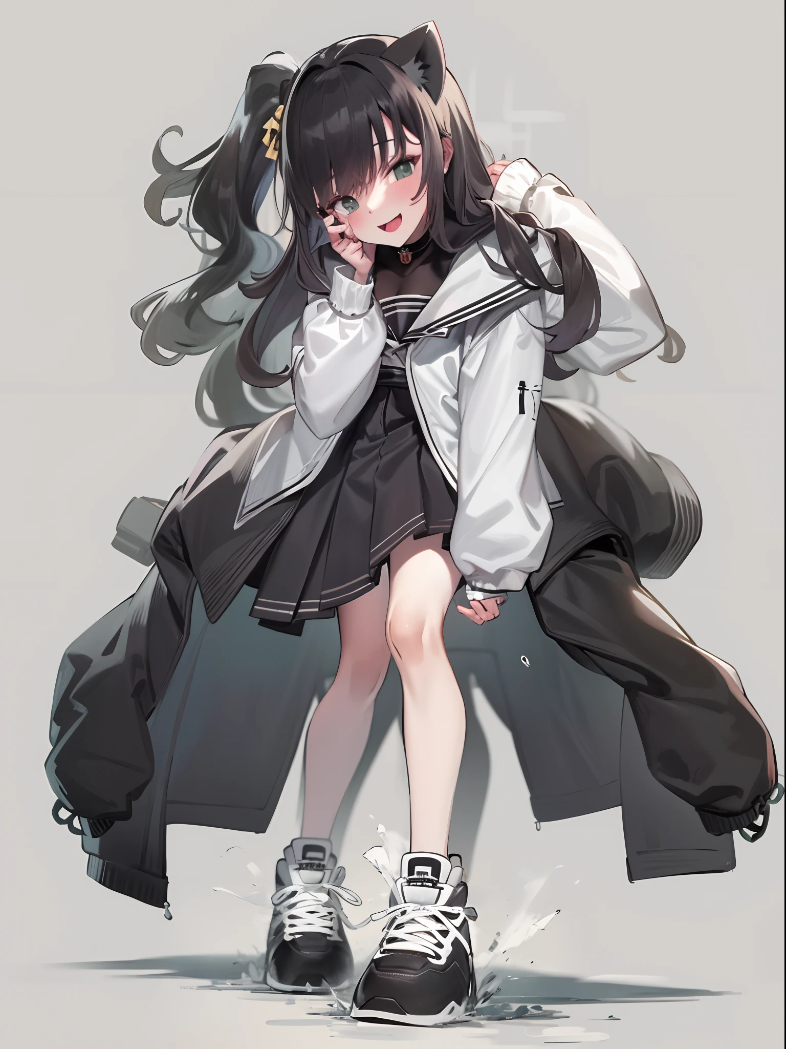 1girll, Two legs, Two hands, Bigger than the building, White jacket, Animal hood, White socks, Sneakers, Open jacket, Pleated skirt, Black skirt, Black sailor collar, Black choker, school uniform, Black shirt, puffy long sleeves, standing, Smile, Naughty, Anatomically correct, Textured skin, GTSCity