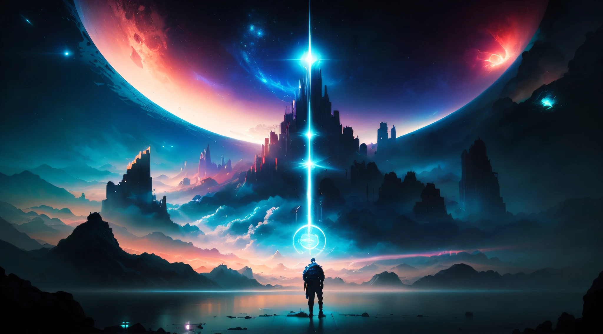 A man stands in front of a futuristic city with superstars, epic fantasy sci fi illustration, 8K stunning artwork, artgem and beeple masterpiece, epic scifi fantasy art, sci fi epic digital art, Inspired by Christopher Balaskas, arstation and beeple highly, Science-fi digital art illustration, Concept art wallpaper 4K