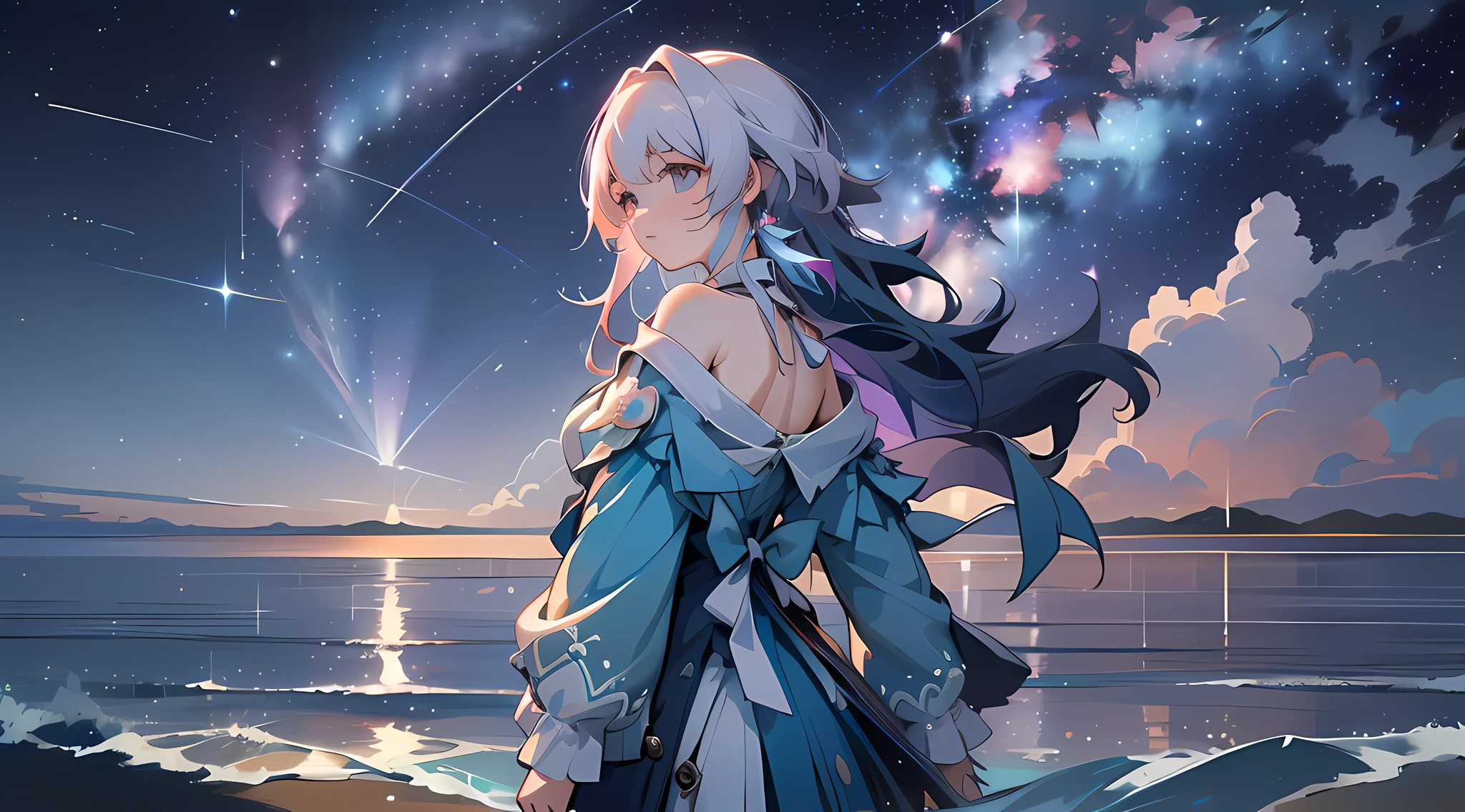 Anime girl standing on the beach,The background is a starry sky, Anime art wallpaper 8 K, Official artwork, Beautiful celestial mage, offcial art, Anime art wallpaper 4 K, Anime art wallpaper 4k, trending on artstation pixiv, wallpaper anime blue water, nightcore, Ayaka Genshin impact, 4K anime wallpaper, A scene from the《azur lane》videogame