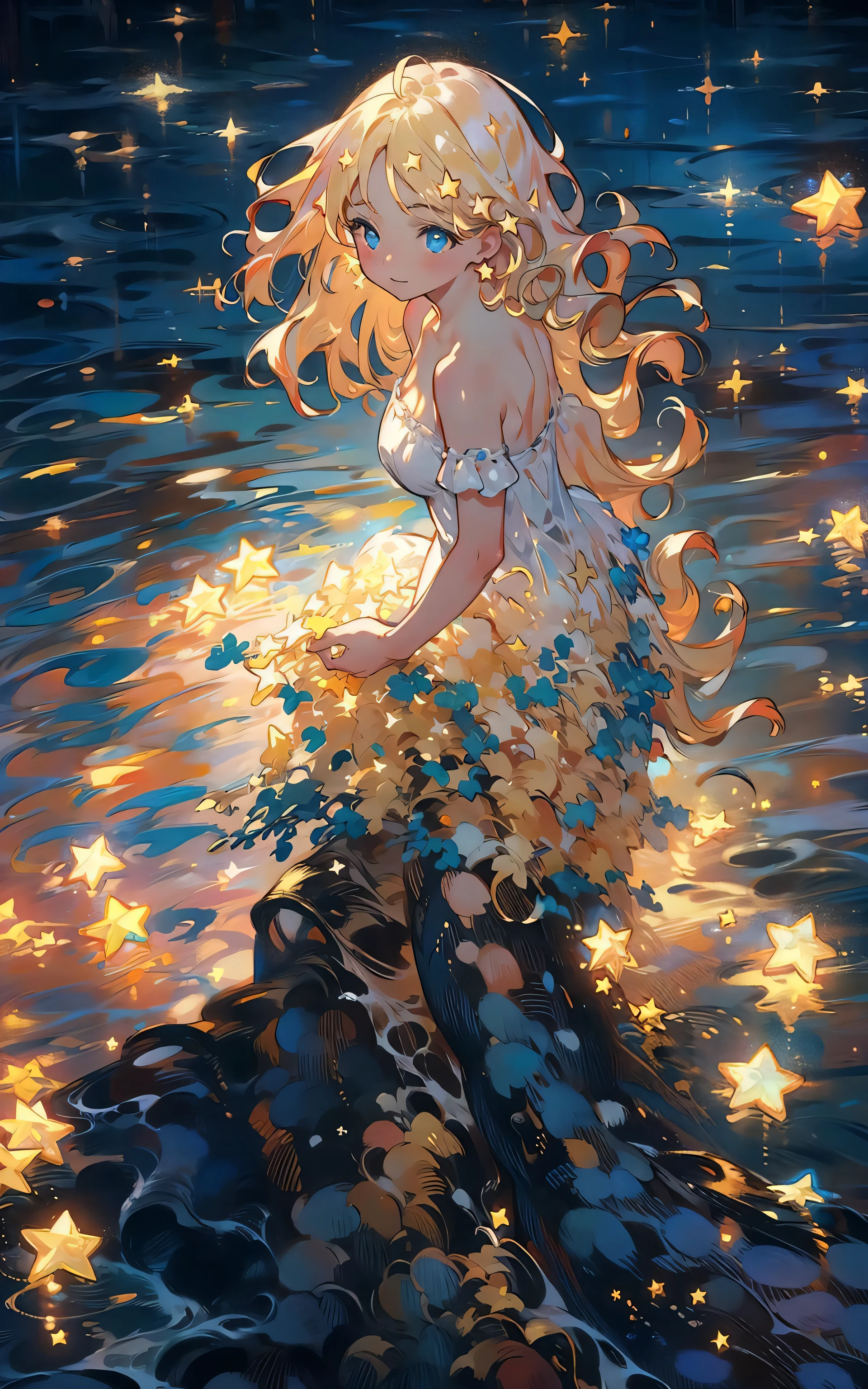 star,starlight,masterpiece,best quality,HDR.UHD.4K,8K,64K,Highly detailed,ultra-finepainting,extreme detail description,Professional, 1girl, volumetric light, 1 girl, blonde hair,medium breast, long hair, best quality, illustration, beautiful detailed eyes, pose, black dress, starry sky,