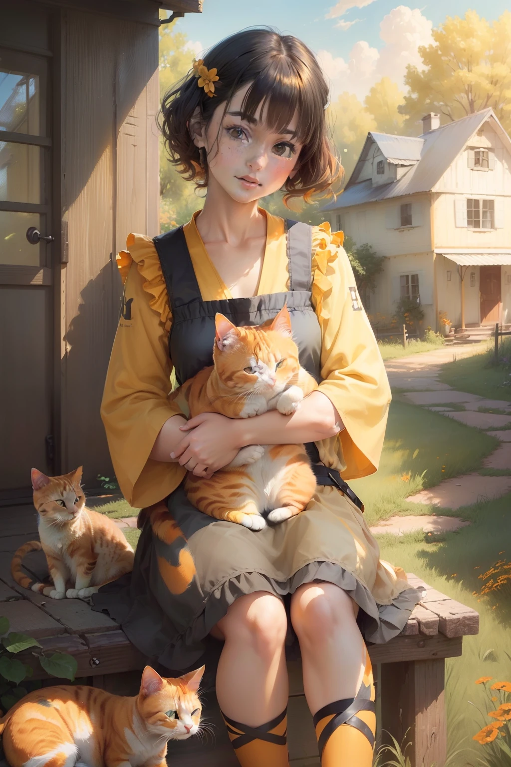 an image of ,((( ((((one)))) yellow orange calico house cat))), loving and attentive, young half Japanese half Caucasian ((girl with black hair)) loves her cat, farm field summer background scene, Adobe Photoshop, Realistic Digital Painting, Portrait, High Resolution, Warm light, Symbolic Art, photorealistic, hyper-detail, 24k resolution, cat four legs.