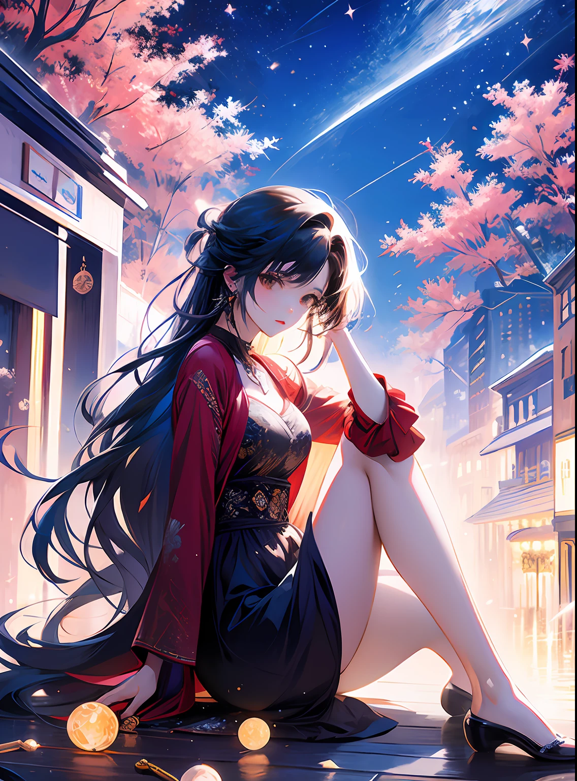 octans, sky, star (sky), scenery, starry sky, night, 1girl, night sky, solo, outdoors, building, cloud, milky way, sitting, tree, long hair, city, silhouette, cityscape