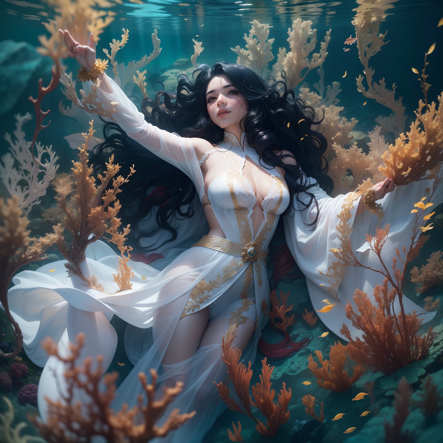 celestial sexy goddess underwater, in underwater seaweed garden, portrait, (dynamic pose), black long curly hair, wearing white robe, wearing golden hand glove, masterpiece, trends, 8k