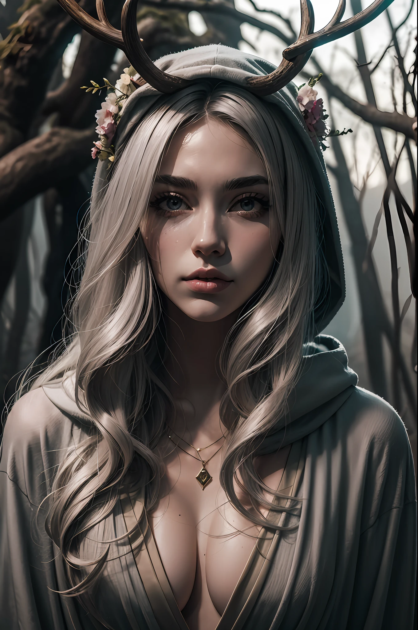Girl with gray hair, Portrait Of Girl, Druid, with large deer antlers on the head, (A complete overview of the horns), long straight hair, ((slim physique)), She is dressed in a robe with a hood on her head, wrapped in branches with flowers, 8k high quality detailed art, ((perfect anatomy)), work of art, gorgeous digital painting, stunning digital illustration, (Body symmetry:1.2), Upper torso. Gray gloomy background, Dark Forest.