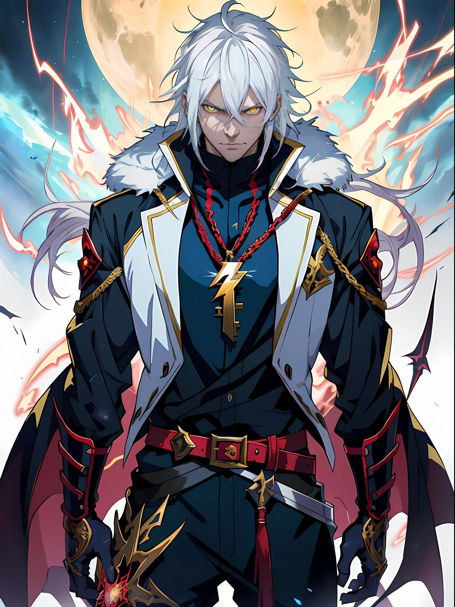 White-haired anime characters, Yellow eyes and sword stand in front of Lightning， Detailed key anime art, White-haired god, Key anime art, detailed anime character art, shadowverse style, handsome guy in demon killer art, full art, rimight, high detailed official artwork, Detailed digital anime art, casimir art, offcial art, detailed anime art, the former demon king