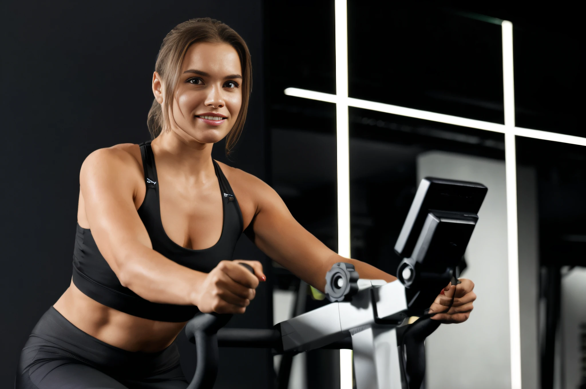 Woman riding a stationary bike in gym, workout, in  the gym, comfortable, fit woman, Alexandra Valishevska, fit girl, high intensity, fit physique, is playing happily, magdalena radziej, workout, Close portrait, portrait shooting, fit body, having fun, Very sweaty, full of sweat