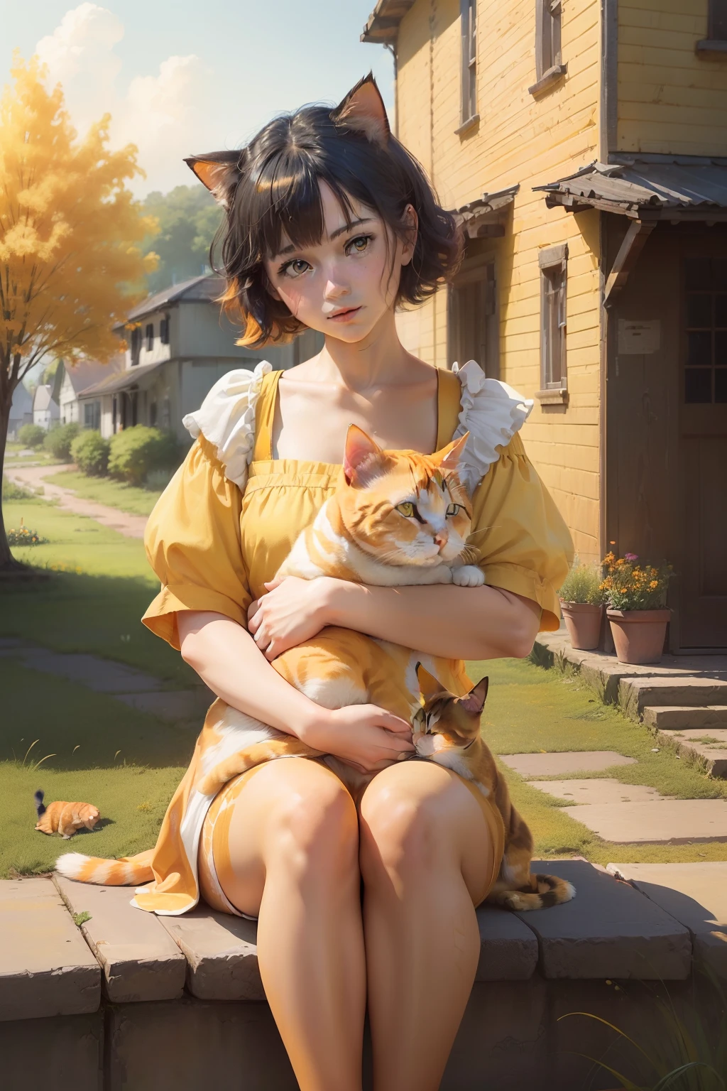 an image of ,((( ((((one)))) yellow orange calico house cat))), loving and attentive, young half Japanese half Caucasian ((girl with black hair)) loves her cat, farm field summer background scene, Adobe Photoshop, Realistic Digital Painting, Portrait, High Resolution, Warm light, Symbolic Art, photorealistic, hyper-detail, 24k resolution, cat four legs.