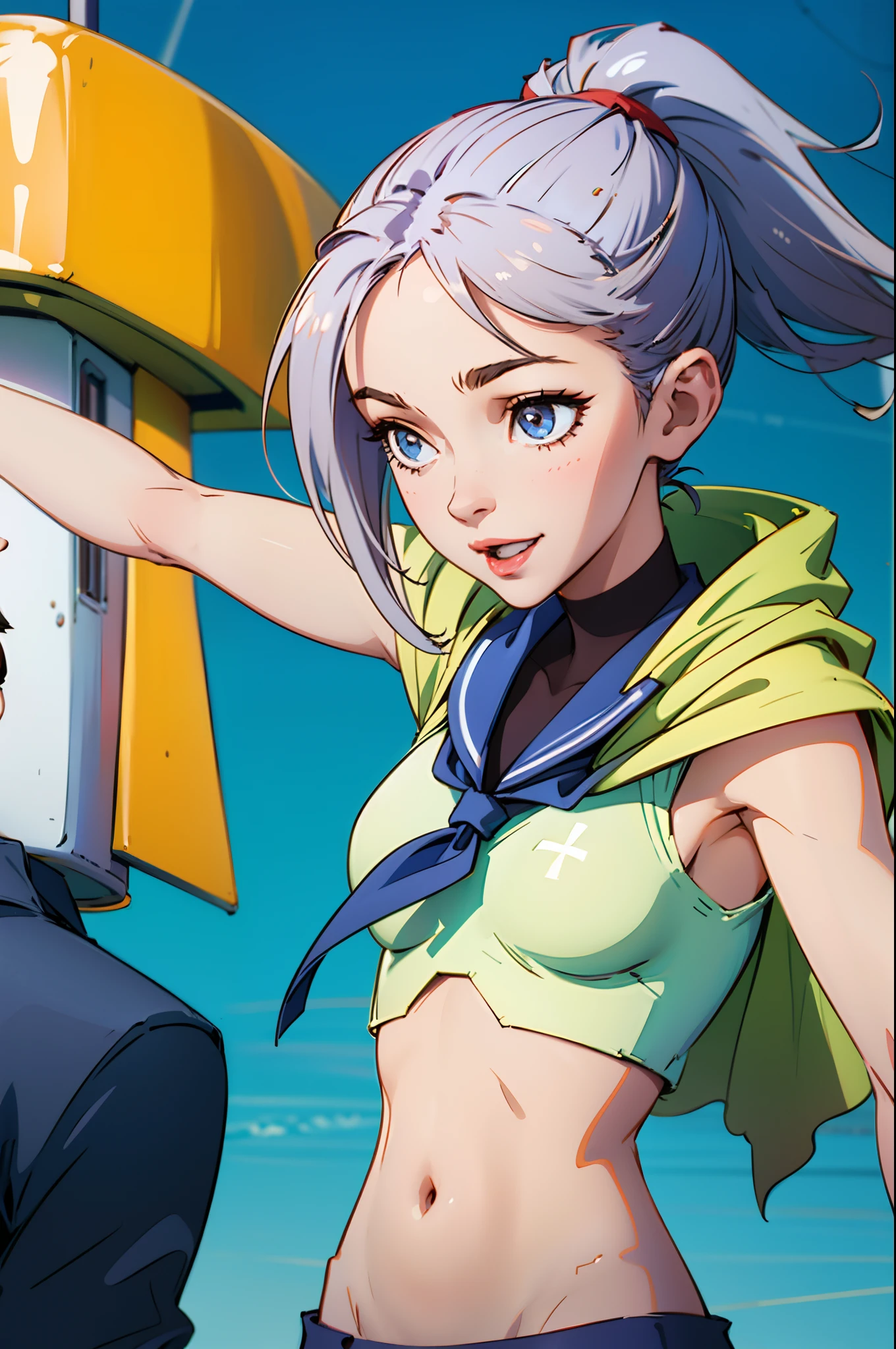 Quadratic Shawl Hair Gray Hair Beautiful Girl Low Hanging Ponytail Sailor Suit Open Belly Button Anime  High School Stude0p Smile