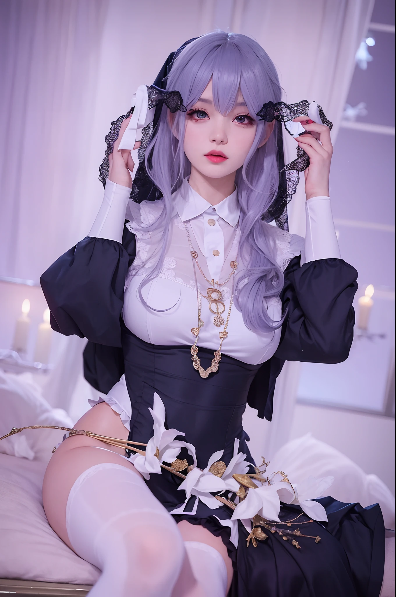 there is a woman in a costume sitting on a bed, Anime girl cosplay, elegant glamourous cosplay, sakimichan, cruel korean goth girl, Anime cosplay, long white hair, cosplay, gothic maiden anime girl, ulzzangs, with long white hair, 2 b, 2b, fashionable dark witch, astral witch clothes, Maid outfit