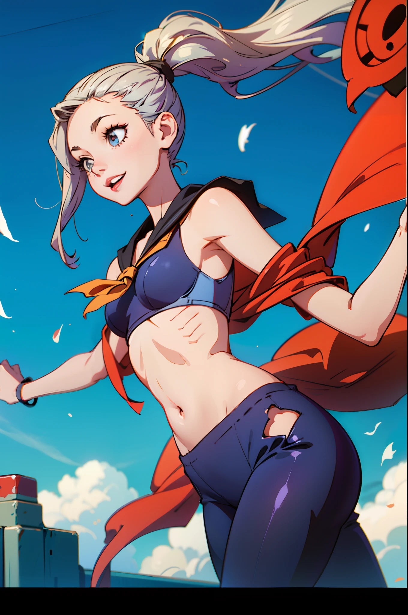 Quadratic Shawl Hair Gray Hair Beautiful Girl Low Hanging Ponytail Sailor Suit Open Belly Button Anime High School Student 1080p Smile