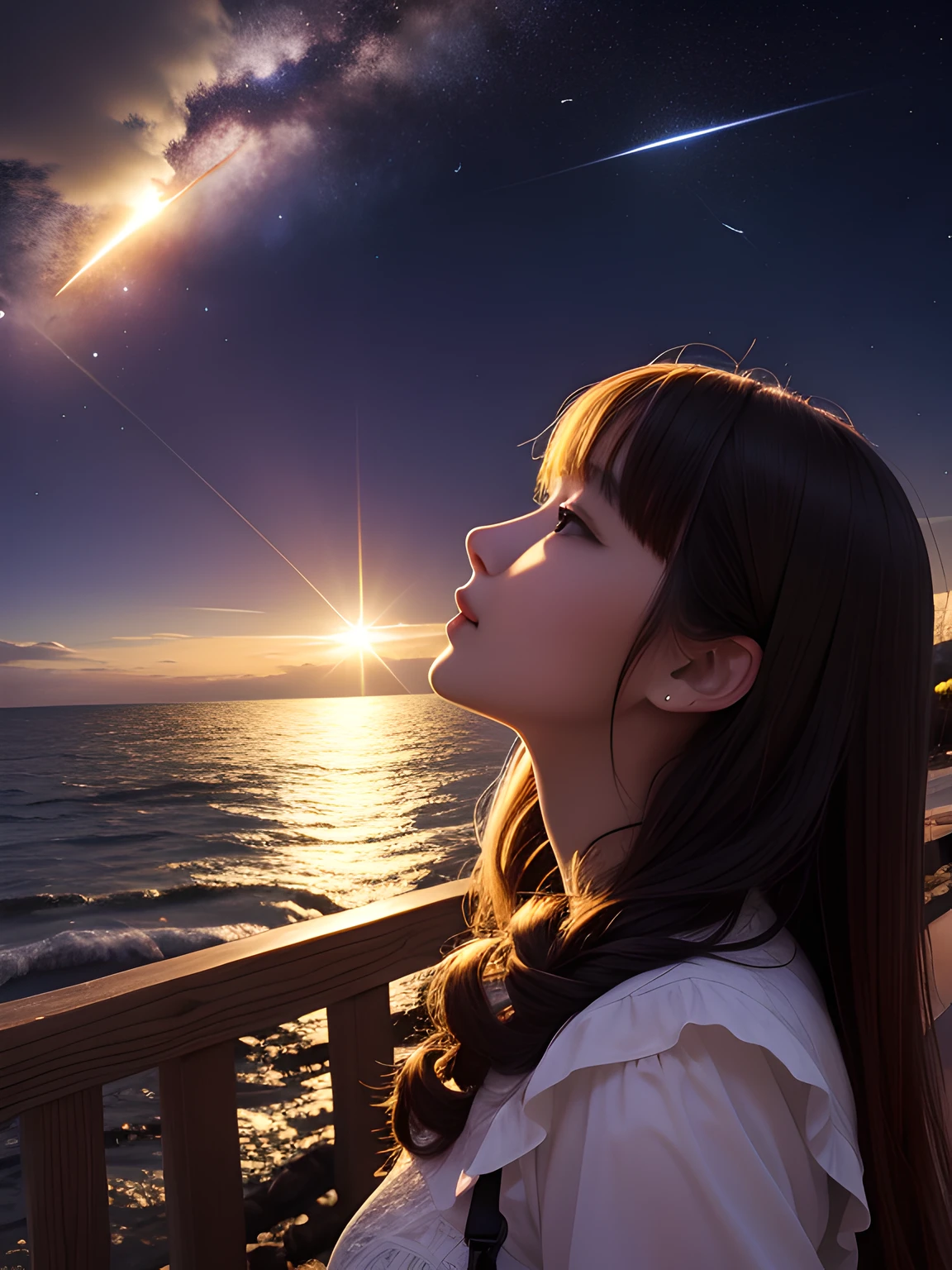 Young woman on the seaside is looking up at the meteor night sky