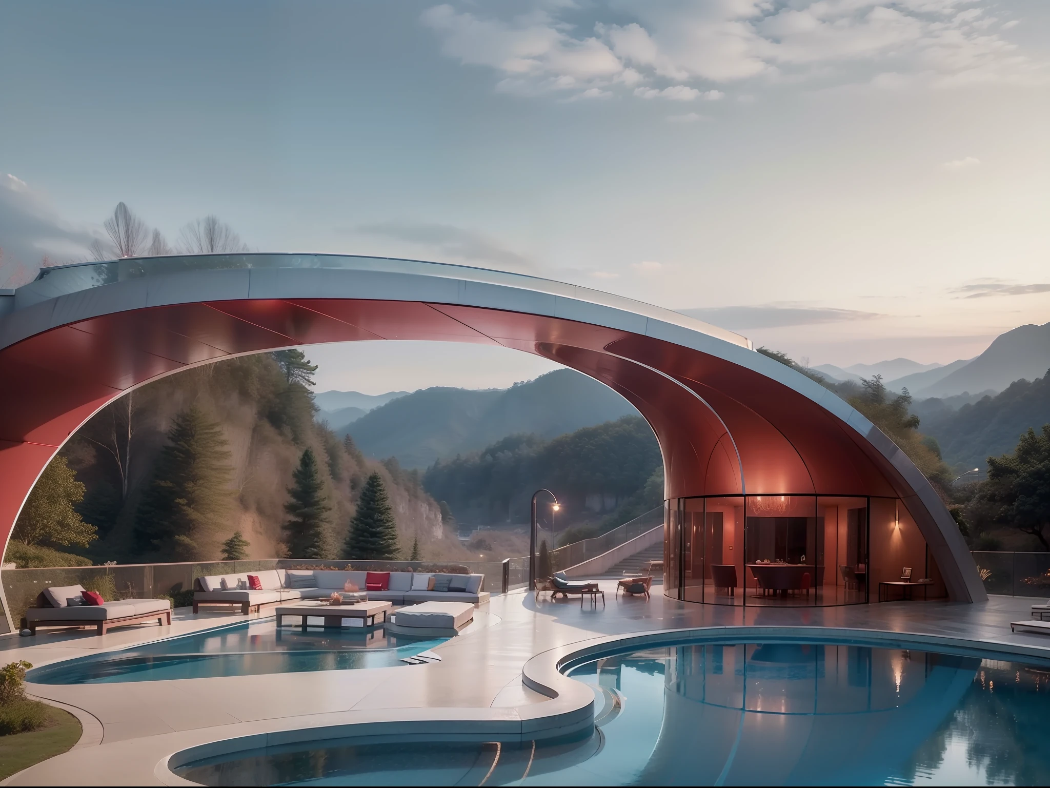 k hd, Cliff side, Modern minimalist boutique hotel, Modern architecture arc, Modern metal furniture in red color,Sunshade fan, Outdoor profiled swimming pool, Riman