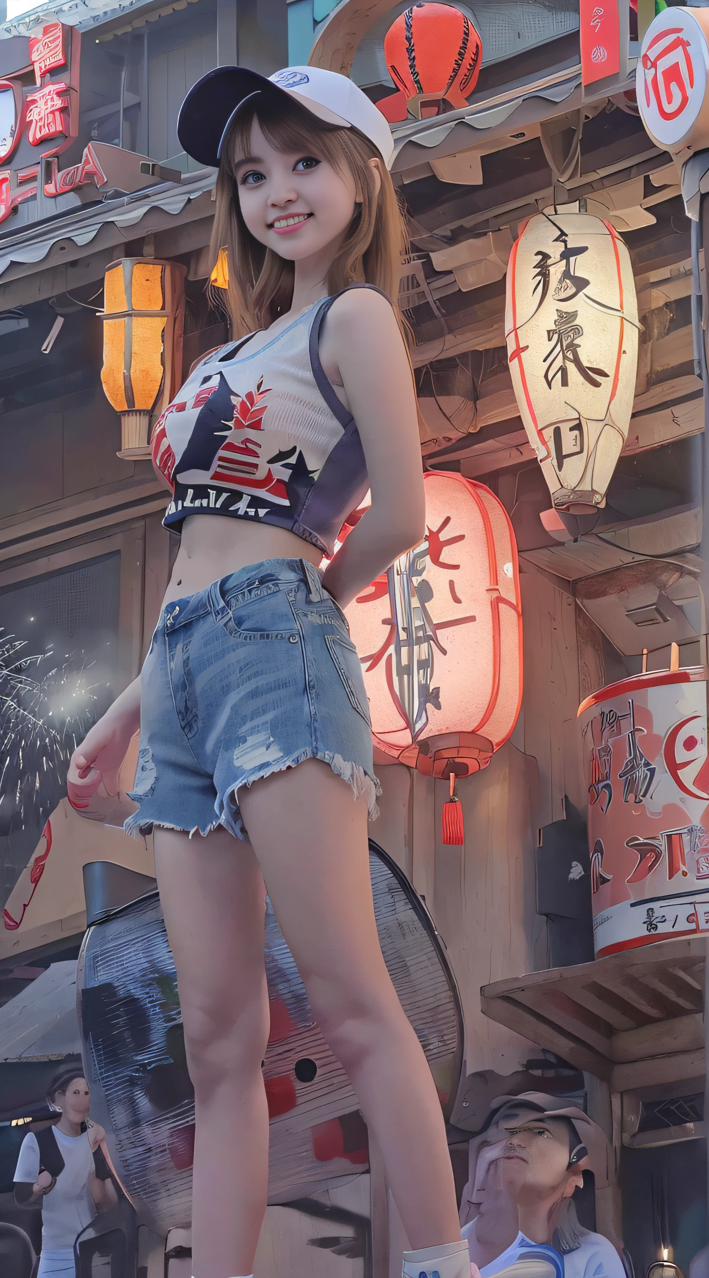 top-quality、​masterpiece、超A high resolution、(Photorealsitic:1.4)、Raw photo、Detailed CG image quality、cyberpunked、(Fireworks Festival:1.4)、Beautiful fece、1girl in、japanes、25-years old、(blue eyess:1.2)、pink lipsticks、laugh face、(Brown hair:1.4)、skin tanned、(Baseball Cap:1.4)、(Tank Tops:1.4)、(Denim Low Rise Shorts:1.2)、Large bust、cleavage of the breast、detailed portrait、8K picture quality、concept-art、Cinematic and dramatic atmosphere、(Shrine of Japan:1.2)、(Japan red and white lanterns:1.2)、Wind chimes、(Festival flag,)、Paper decoration、(3 + Women: 1.4)、foco nítido、Volumetric lighting、Cinematographic lighting、Colorful neon lighting、depth of fields、Ambient lighting、Blurred foreground、blurry backround:1.3、(8mm fisheye lens:1.4)、(Angle from directly below:1.4)、(The whole body is visible:1.4)、