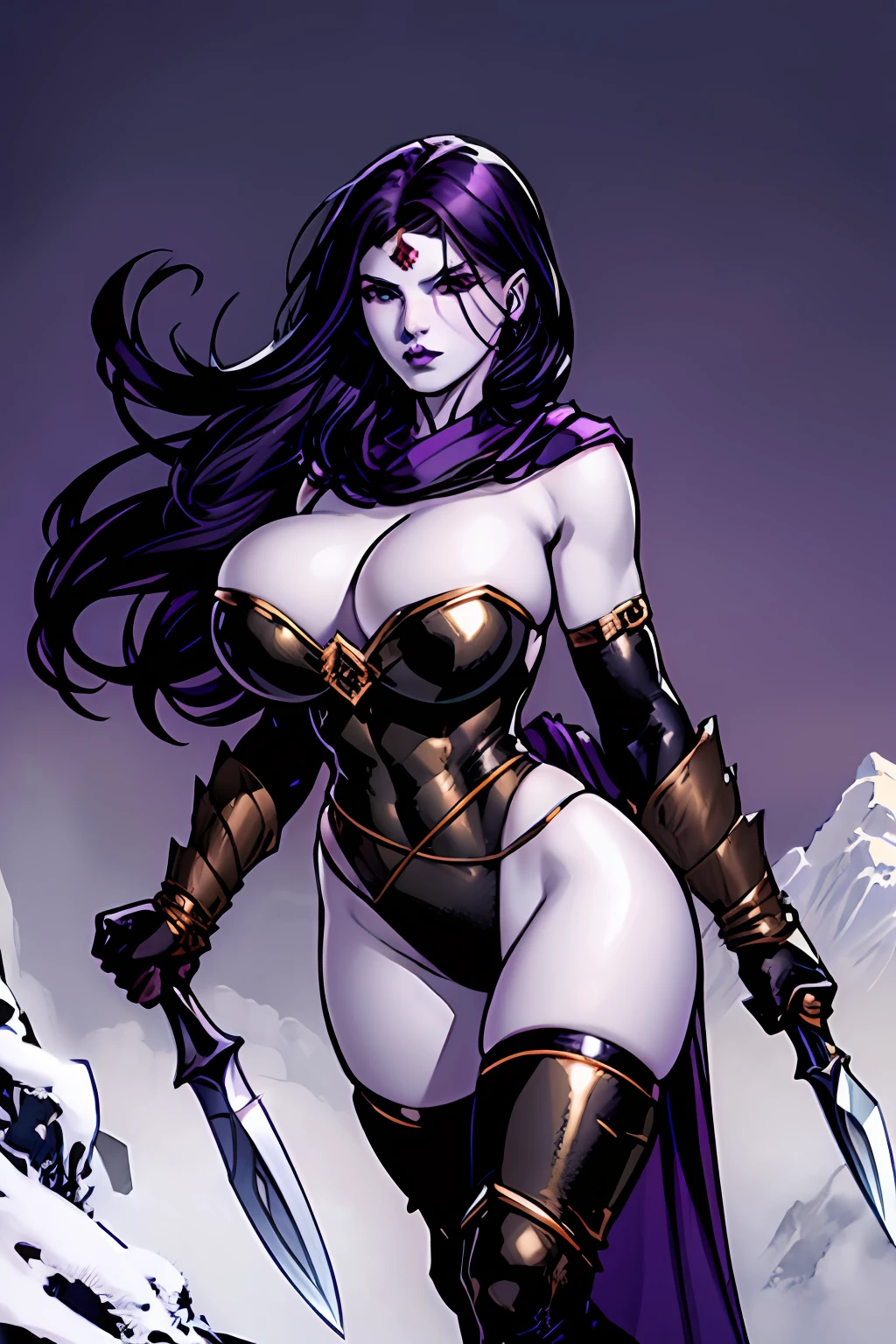 (masterpiece, top quality, best quality, official art, beautiful and aesthetic:1.2), (1girl:1.3), ((long black hair)), (((pale purple skin, pale blue skin, blue skin, purple skin))), black makeup, extremely detailed, portrait, looking at viewer, solo, (full body:0.6), detailed background, close up, (cold night mountain theme:1.1), dark elf war dancer, charlatan, smirk, mysterious, swaying in mountains, skimpy attire, revealing gladiatrix costume, gold bikini, cowl, metal bikini, long boots, dual knives, violet fabric, black leather, gigantic breasts, cleavage, skindentation, slim waist, slim hips, long legs, medieval (mountain exterior:1.1) background, dark mysterious lighting, shadows, magical atmosphere, dutch angle, (((Balsamique)))