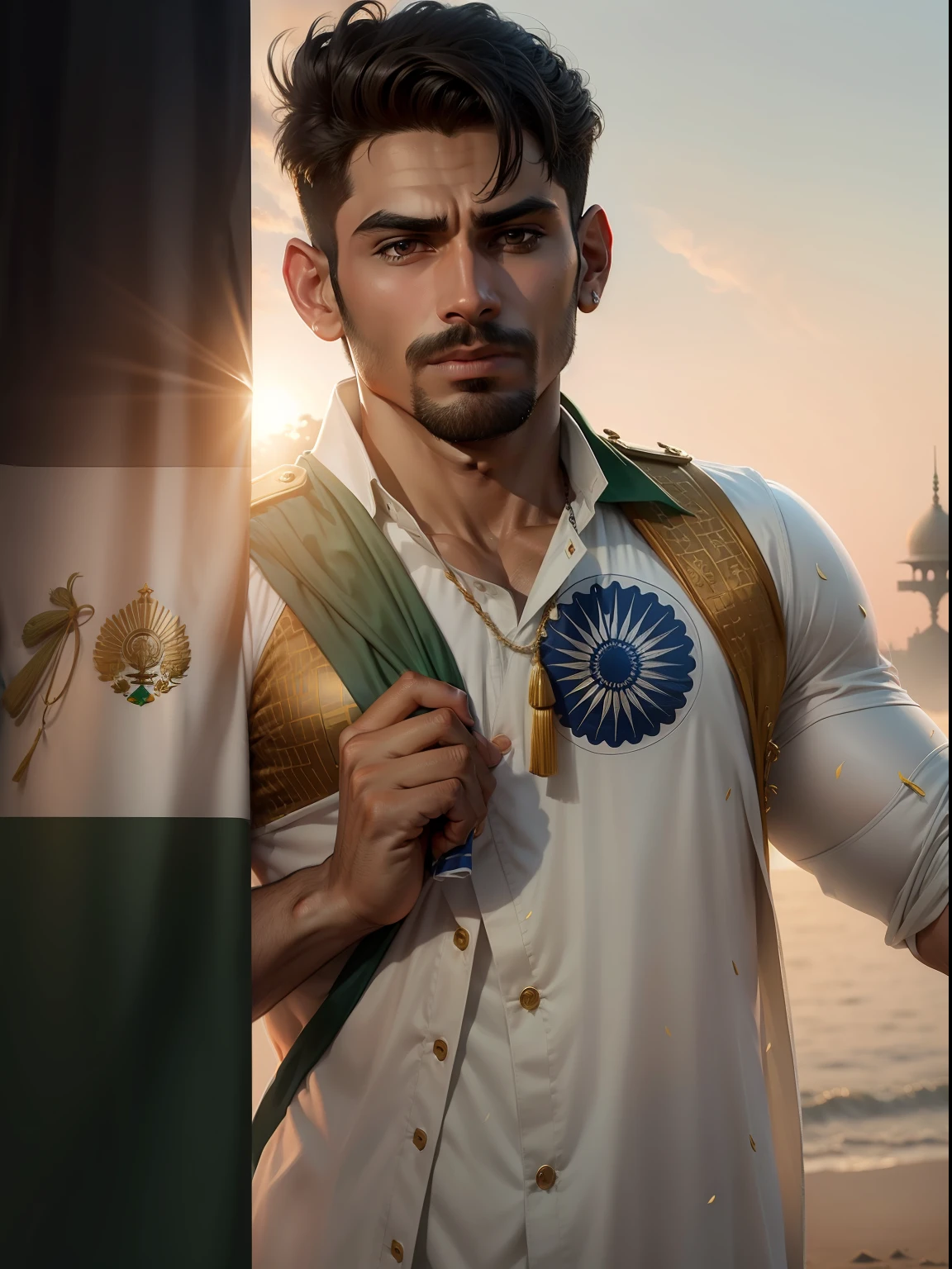 background change, background India flag, the handsome boy, army officer bodybuilder, no real face changing, 8k