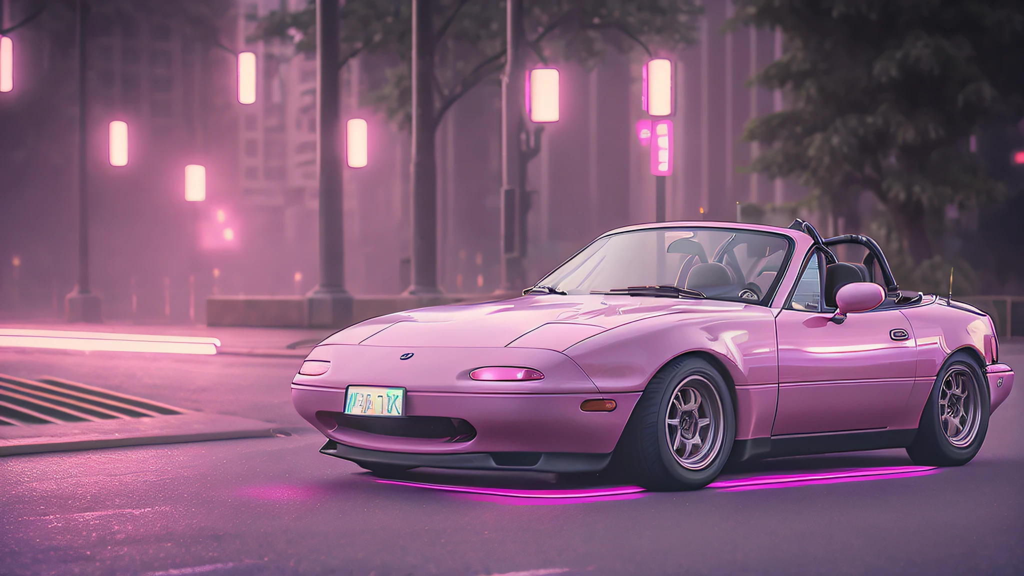 ack side view photo of pink MazdaMiata in vaporwave cyberpunk city, convertible top down, high quality photo, lens flare, bokeh, 8k resolution, gobo lights, warm ambient light, volumetric light, neon lights, depth of field, analog, foggy atmosphere,