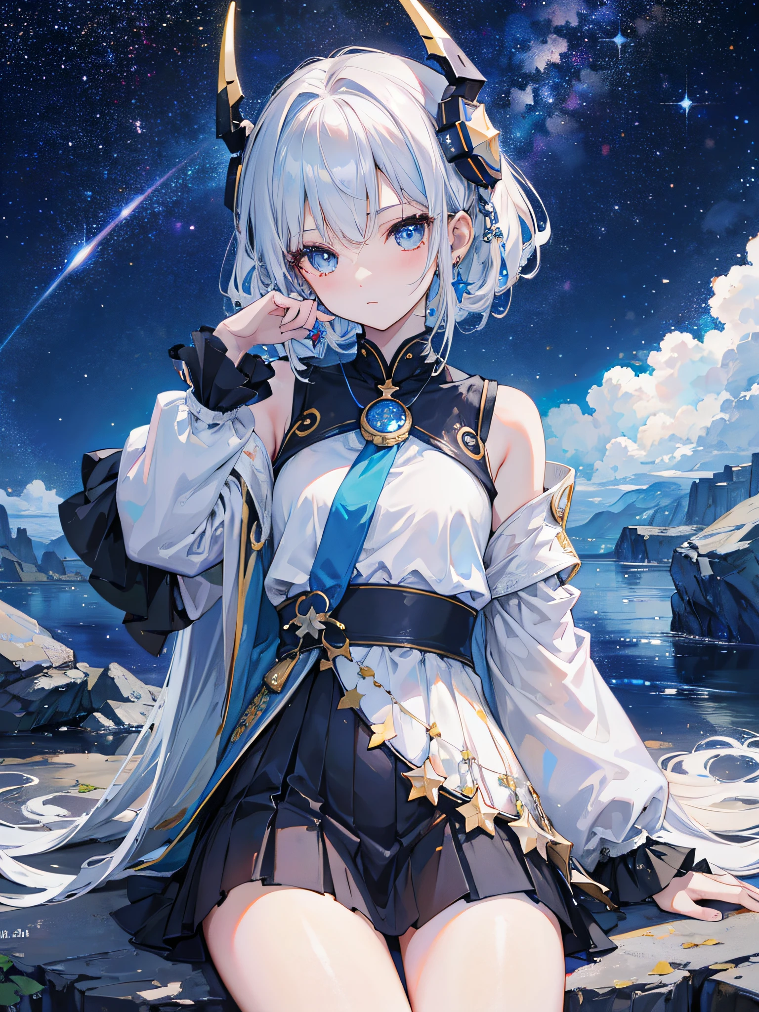high high quality,Works of masters,does not look at the viewer,Look at the stars,head gear,ear jewelry,short skirt,light colors hair,Starry sky, Night sky,1gril, look at sky, Head up,profound gaze,Staring,As estrelas,Lots of stars,galactic,Yamanaka,sitting sideways,超高分辨率, Realistic, Extremely detailed, Deep space photography