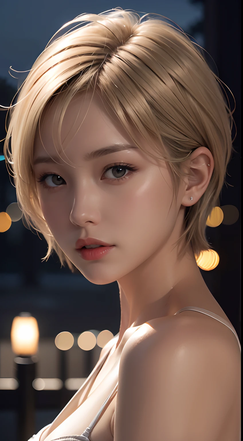 short blonde hair,the night,girl with,Deep shading,cold light,low tune,in the darkness nigth,RAW photogr,best qualtiy,tmasterpiece,Ultra-high resolution,Realistic1.5