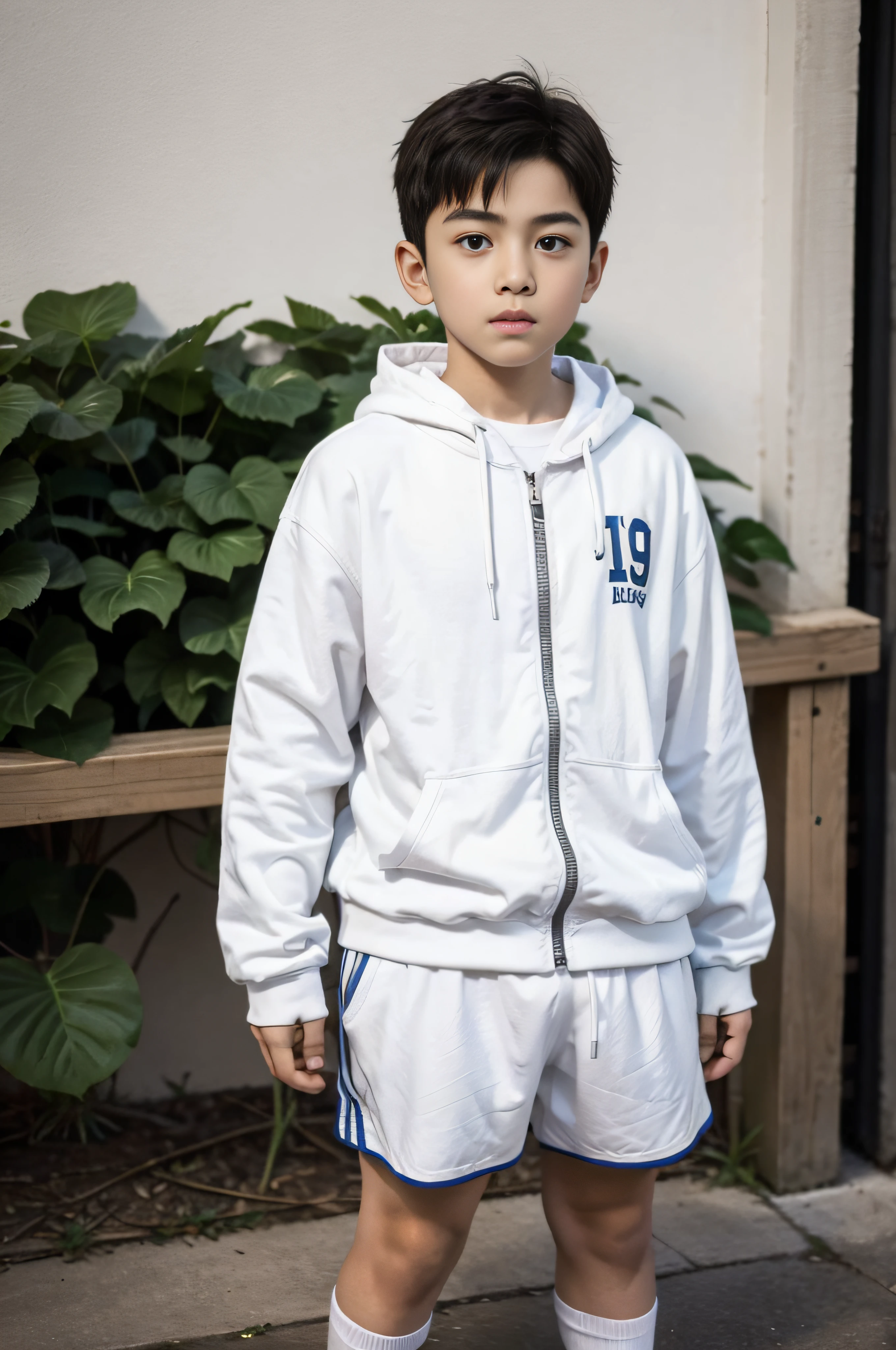 Arafed boy in a white jacket and shorts standing on a sidewalk - SeaArt AI