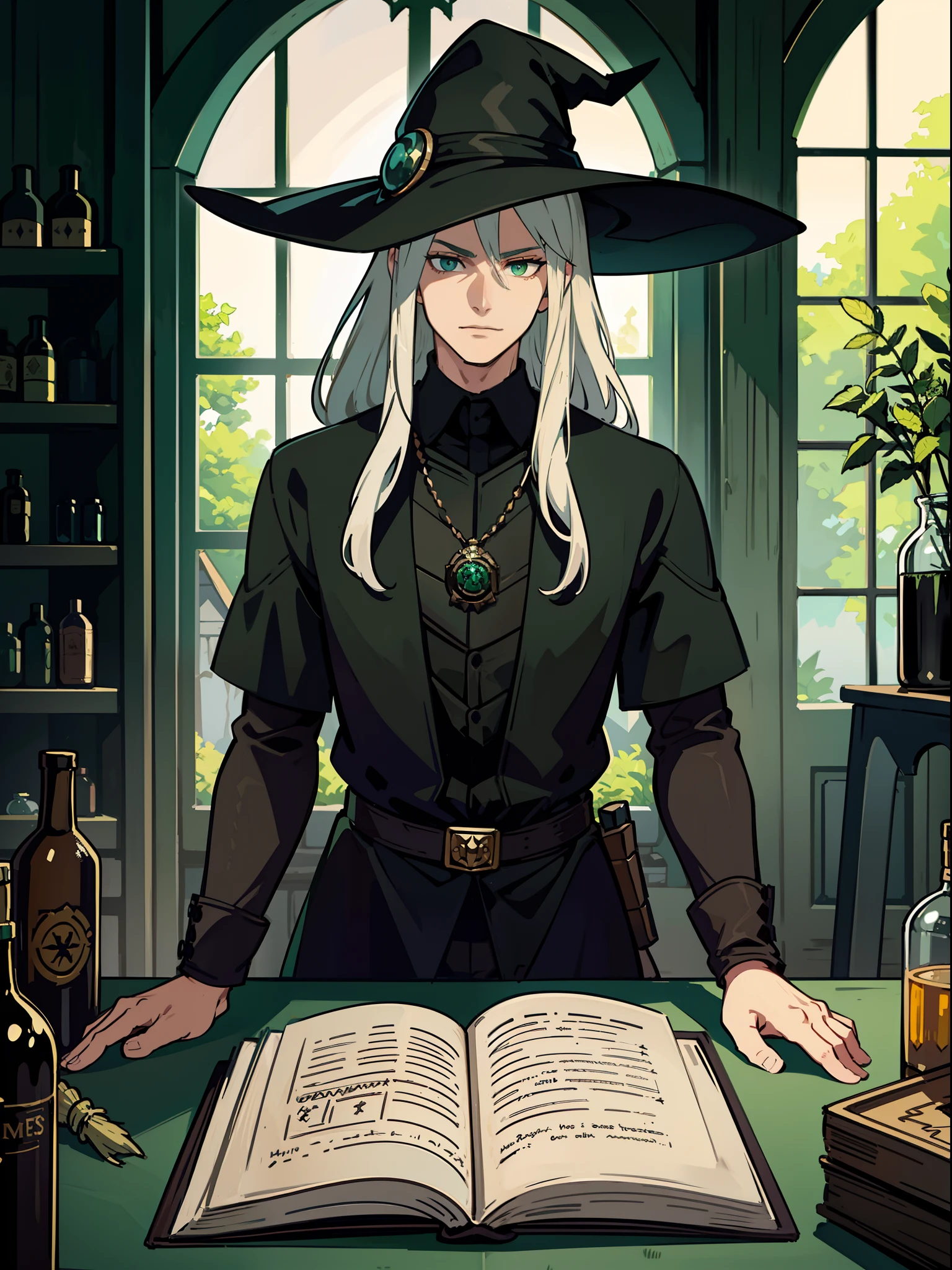 1boy,Green eyes，tmasterpiece，best qualityer，1 male，Elaborate Eyes，the witcher，Pointy-brimmed black hat，Broom with carved handle，Spell book with various spells，Potion bottles with various ingredients，There is a hidden wizard's cabin in the enchanted forest，