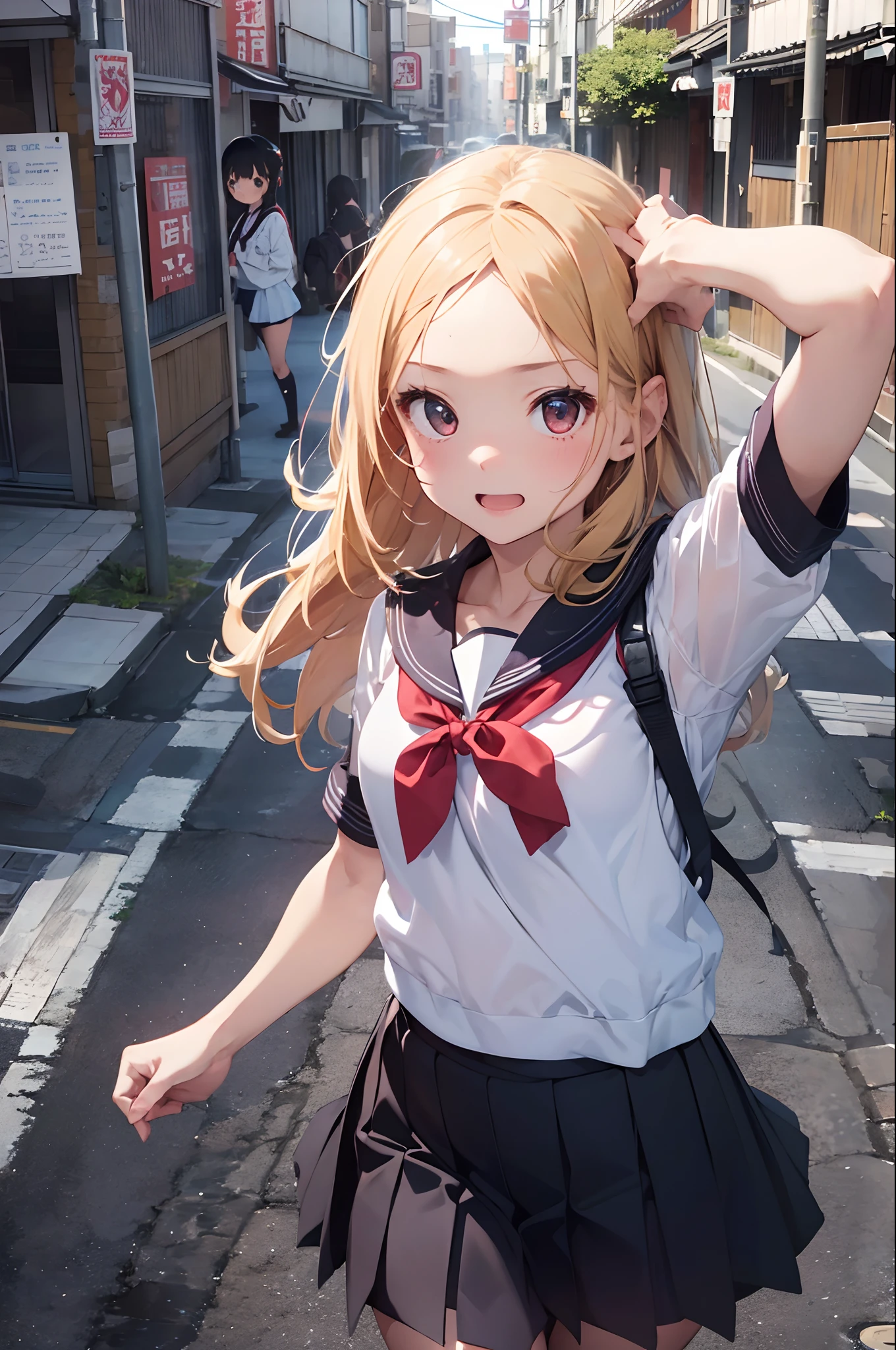 (8K, Raw photography, top-quality, masterpiece:1.2), 1girl in, 3 d, a blond、The long-haired、Japan short-sleeved sailor suit、Asian, No bangs、(Bring out your forehead:1.2), School route、(Skirt swaying in strong wind:1.2)、、feel shy、dynamic motion