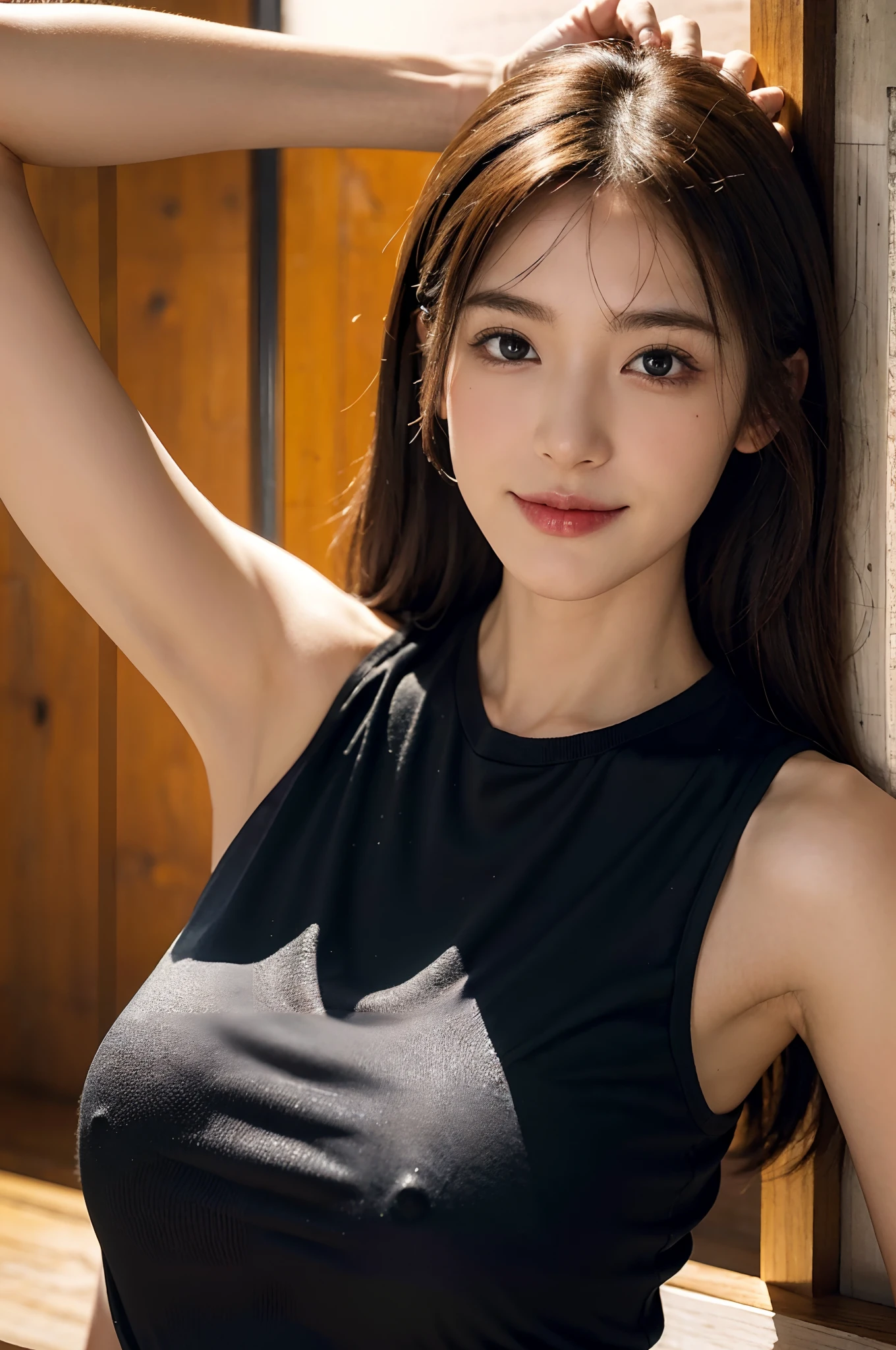 (Ultra photo realsisim), (illustratio), (A high resolution), (8K), (The is very detailed), (Most Best Illustration), (beatiful detailed eyes), (best qualtiy), (Hyper-detailing), (tmasterpiece), (the wallpaper), (full bodyesbian),(详细的脸), up of the upper body, Armpits, ssmile, plumw, 独奏, Simple black vest girl, Wearing sweat, jpn, The large, (camel-toe)