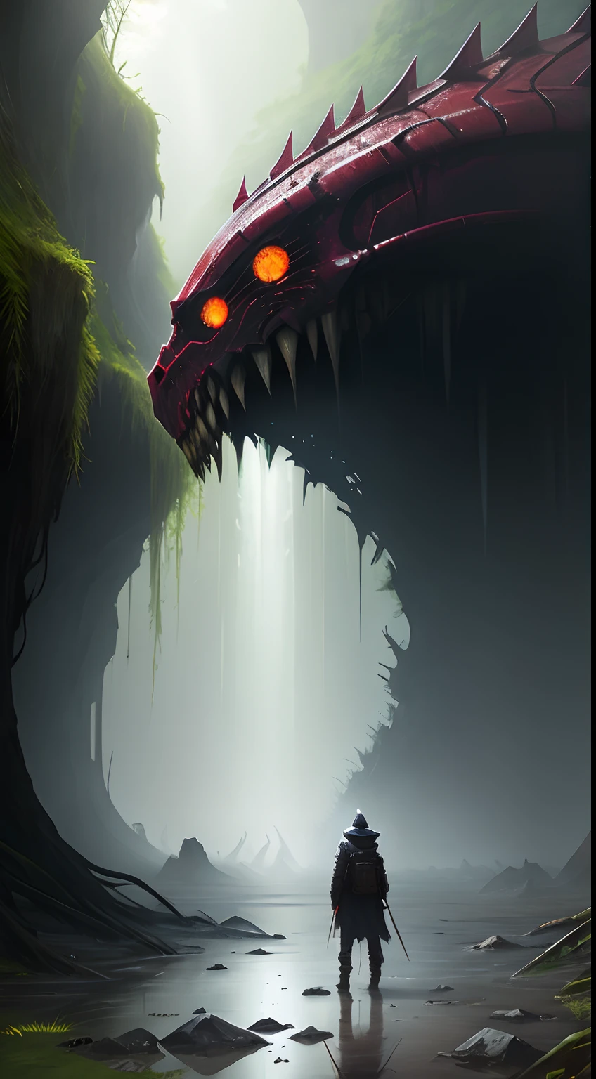 (Extreme close-up) photore (Scared:1.1) (rainforests:0.9), (tall grass:1.2), (A huge dead alien monster:1.2), Long mouth，long leges，long fangs，Silver light reflection，Petrified glass，Wet, (Pagodas, 12th century, 1.2),rays of sunshine, insanely details, Cinematic, epic realistic, Intricate details, ultra - detailed, High quality, primitive, author：Jakub Rozalski