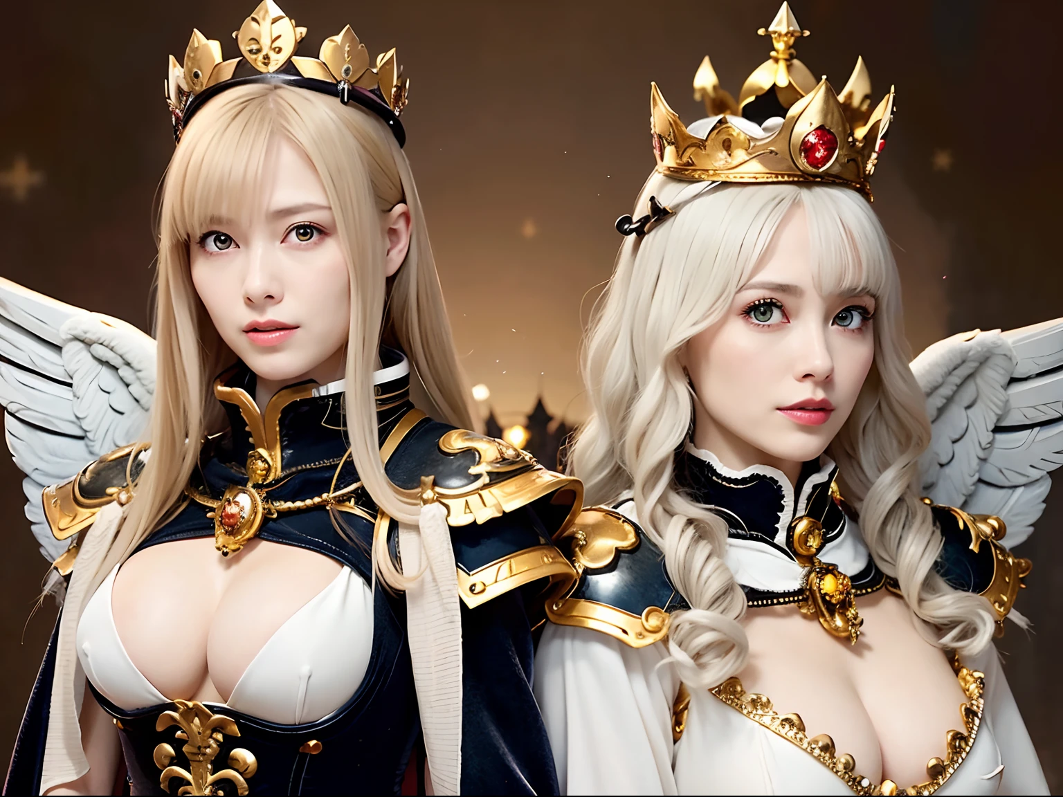 (masutepiece), Professional , ​masterpiece、top-quality、photos realistic , depth of fields （Gemstone Silver Metal Body:1.９),(Matte White、Jewel Gold Weapon、（Flying in the sky),Gorgeous metal weapons,(Detailed and realistic angel white wings) , Detailed Sword of the Brave , Beautiful knife 、delicated face、20 years girl  ,warhammer 40k , adepta sororitas,Detail and ornate jewel crown、a blond、(Gangle's forest background)、Beautiful Caucasian beauty、１a person、dynamic ungle,(((Detailed and ornate diamond crown)))、Smaller head、A smile、Powerful poses、（Gorgeous castle background）、Beautiful thin fingers of a woman、cleavage of the breast、beautiful fairies、
