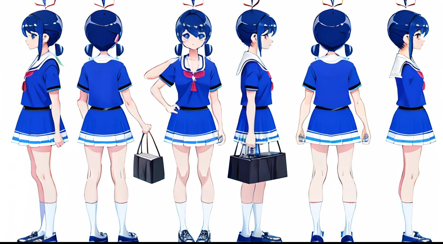 High-quality animated character design，Good-looking animated character design，character design sheet，multi view（frontage，Lateral face，on  back）Same role。Kizi，teens girl，pupils，jk。cabelos preto e longos，blue color eyes，white short sleeve shirt，Red bow collar rope，Short black pleated skirt，White calf socks，Black uniform shoes。full bodyesbian，standing on your feet