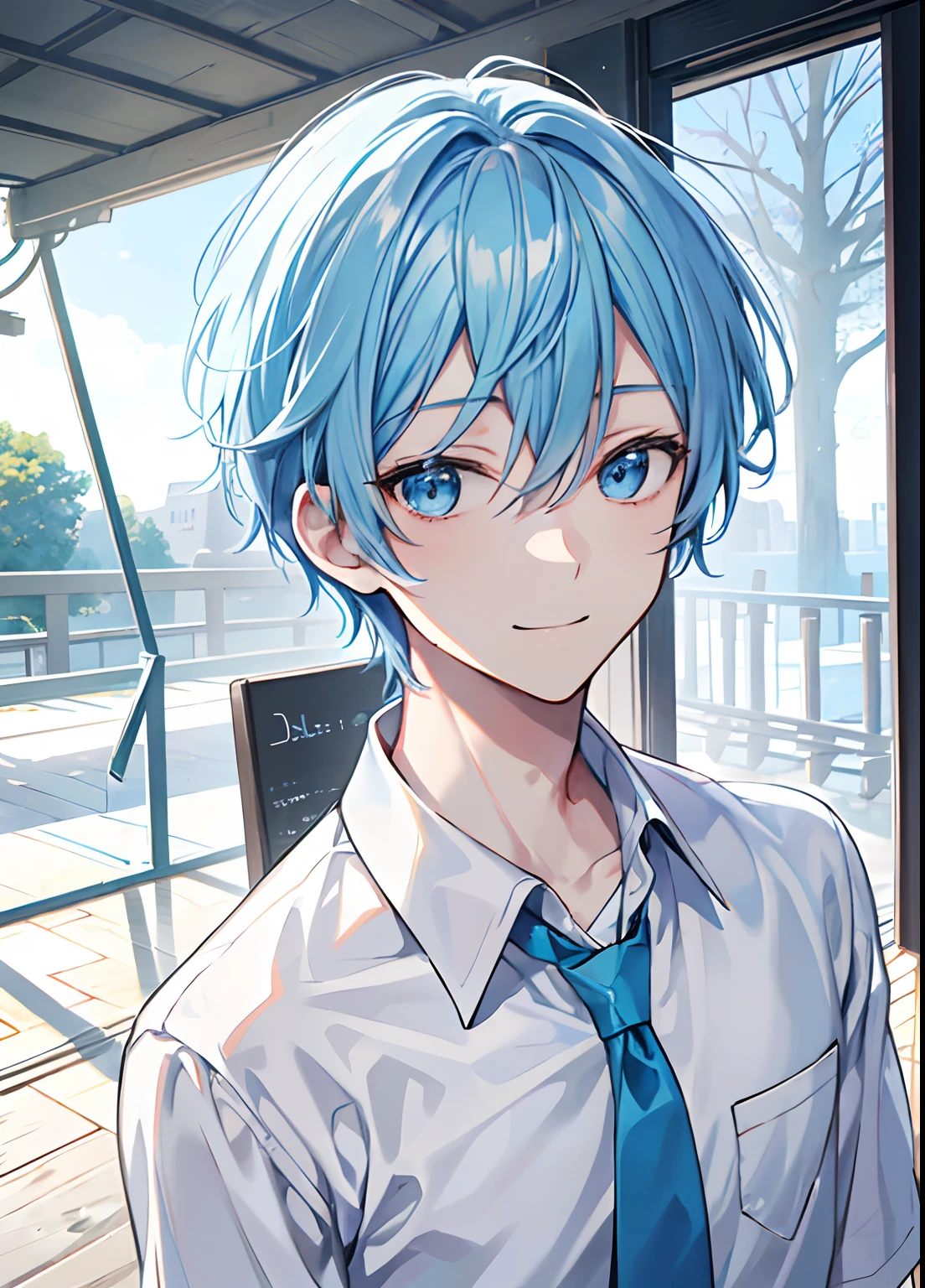 1guy, Handsome man, Solo,Man with light blue hair,up looking_で_viewer, ((masutepiece,Best Quality)), Beautiful detailed eyes, beautifull detailed face、Light blue eyes、Light blue eyes、hair between eye、logn hair、a cool、outer、twinks、Young man with light blue hair、Calm、Cool System、Soothing、The best smile、Black shirt、Light blue tie