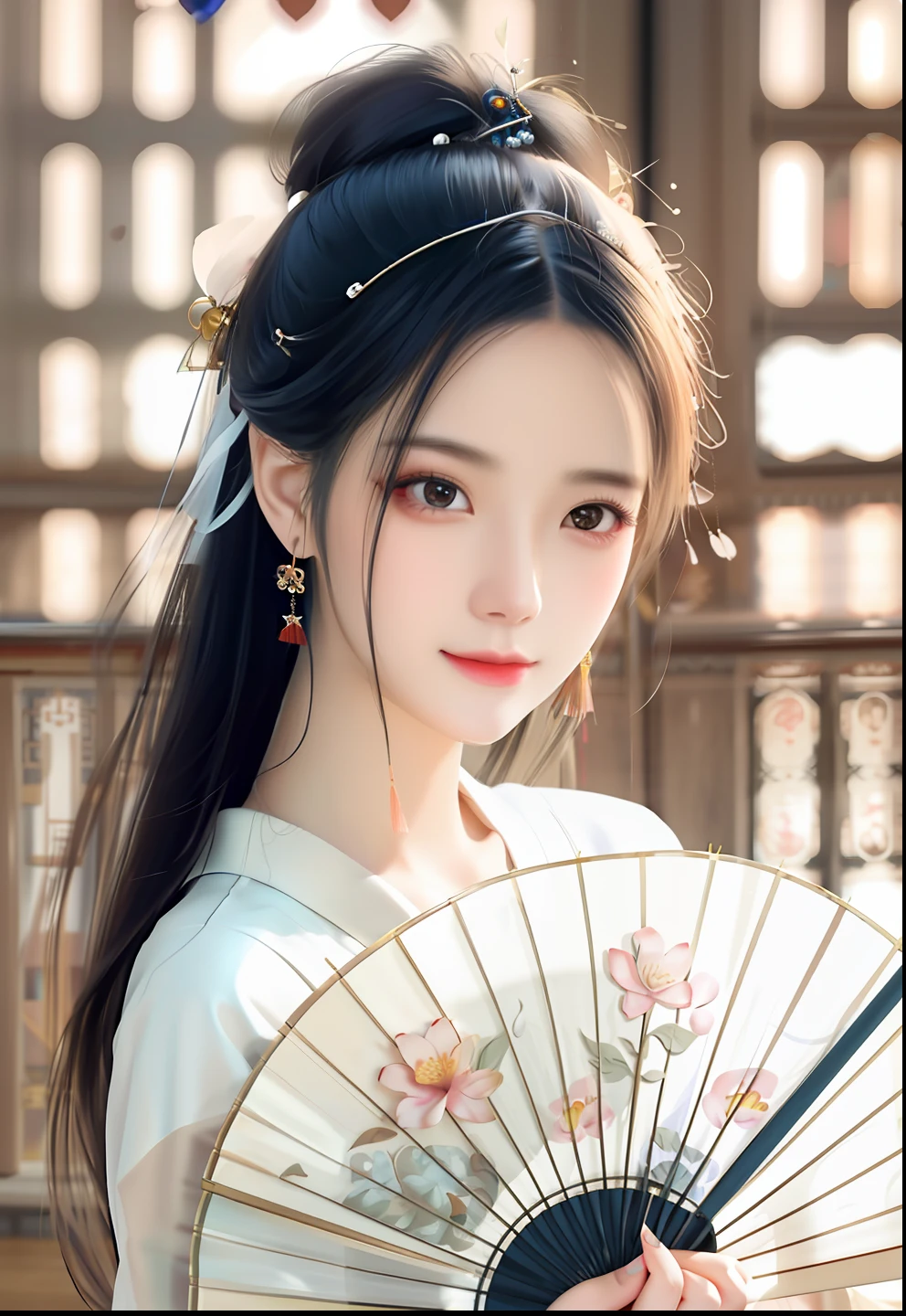 Close-up of a woman holding a fan and a flower, Palace ， A girl in Hanfu, Chinese girl, beautiful aesthetic face, beautiful delicate face, cute delicate face, beautiful Korean women, gorgeous chinese models, author：Fan Qi, author：Yu Zheding, feminine beautiful face, Traditional beauty, ruan jia beautiful!, Beautiful Asian girl, Very beautiful girl