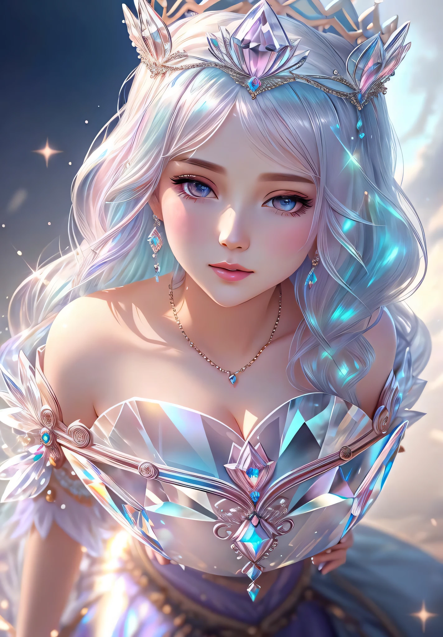 crystal covered, （Full body ：1.3）, alternate color, masterpiece, detailed illustration, realistic, pixiv top quality, exquisite, {{{kawaii 1girl}}}, ultra beauties who fuse with machines, glitter beautiful female, Half of my body is made of machines, cinematic lighting, dynamic angle, dynamic pose, crystal world, depth of field，Shiny socks，Crystal stockings，Crystal high heels
