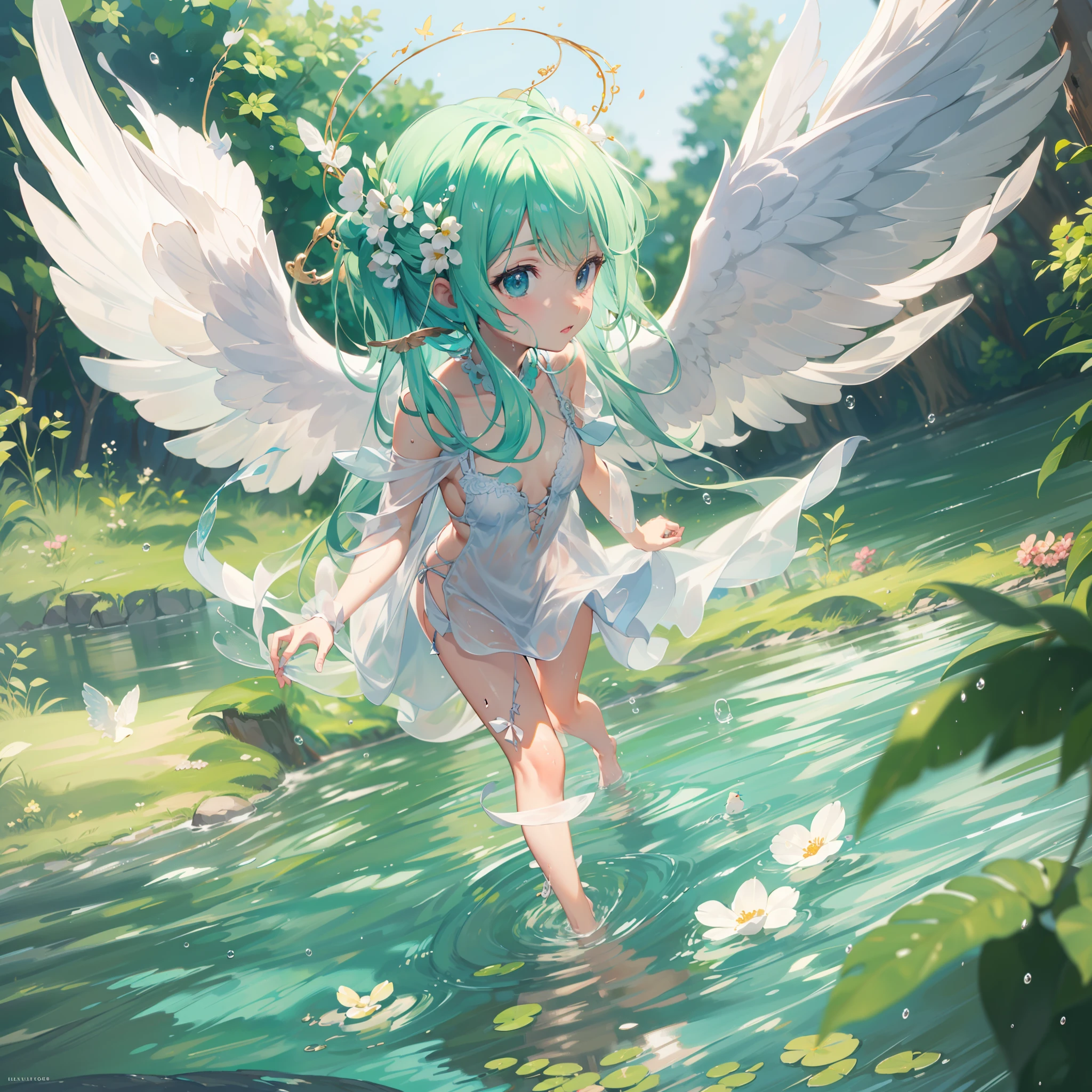 Angel with wings on his back:1.8,dutch angle shot,ground-level shot,low angle,full body shot,medium shot,very cute female child:1.8,8 yo,1 bird,miku hatsune:1.5,Wet and see-through clothes:1.5,Playing by the river,Barefoot,Sweat, Summer,day,Flat-breasted,(4K), (Raw photo: 1.2), (Realism: 1.4), (masutepiece: 1.3), (exquisite detailing: 1.2), Delicate and beautiful details, (Eye Detail), (Facial Detailed), (Highest Quality) :1.4), (Hyper-Resolution: 1.2),  (very detailed illustration), Best Quality,depth of fields, Wide light, natural shadows