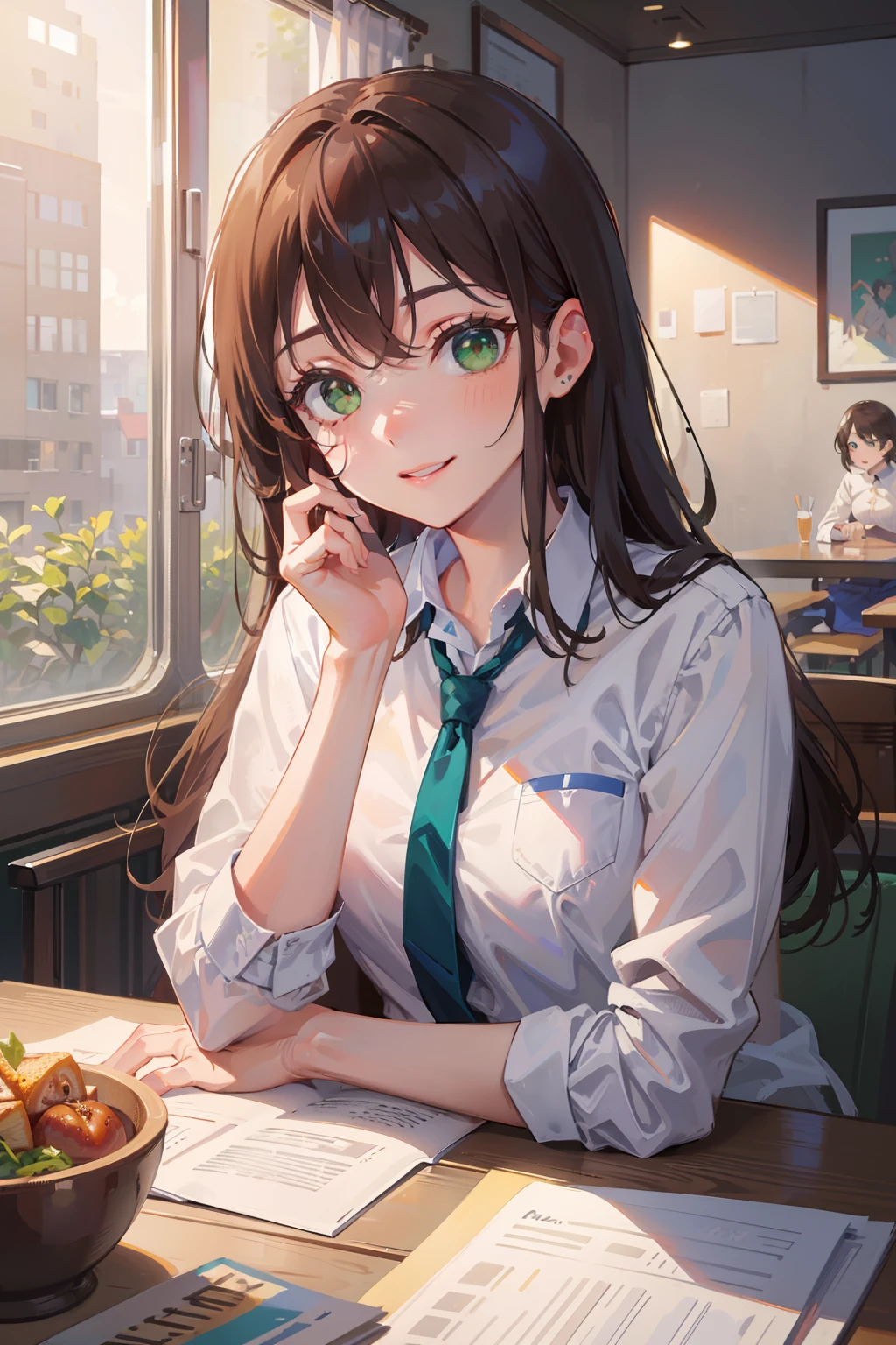 (masterpiece), best quality, beautiful detailed hair detailed face, ultra high res, sharp focus, ((1 woman, solo)), perfect feminine face, upper body, medium close-up, dutch angle, (at the afternoon time:1.5), in the diner, sitting on the stool, foods on the table, ((beautiful shape eyes, green eyes)), chesnut brown hair, flowing long hair, smiles, (office uniform:1.2)